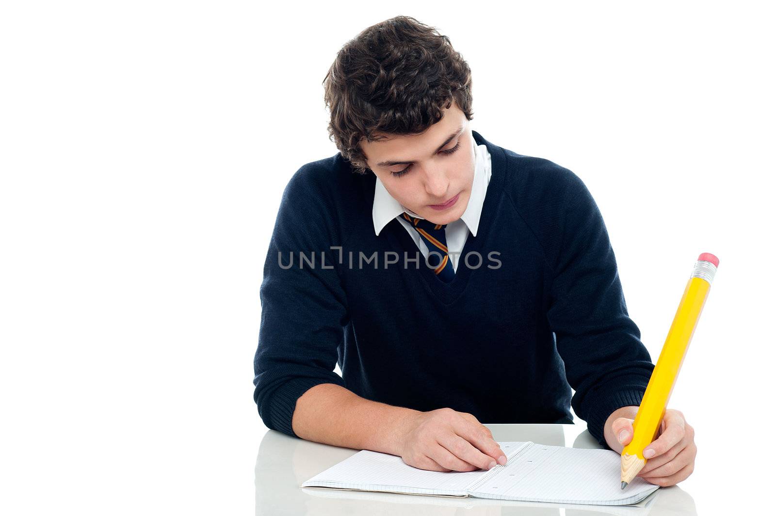 Young schoolboy taking up his test at school with full of concentration