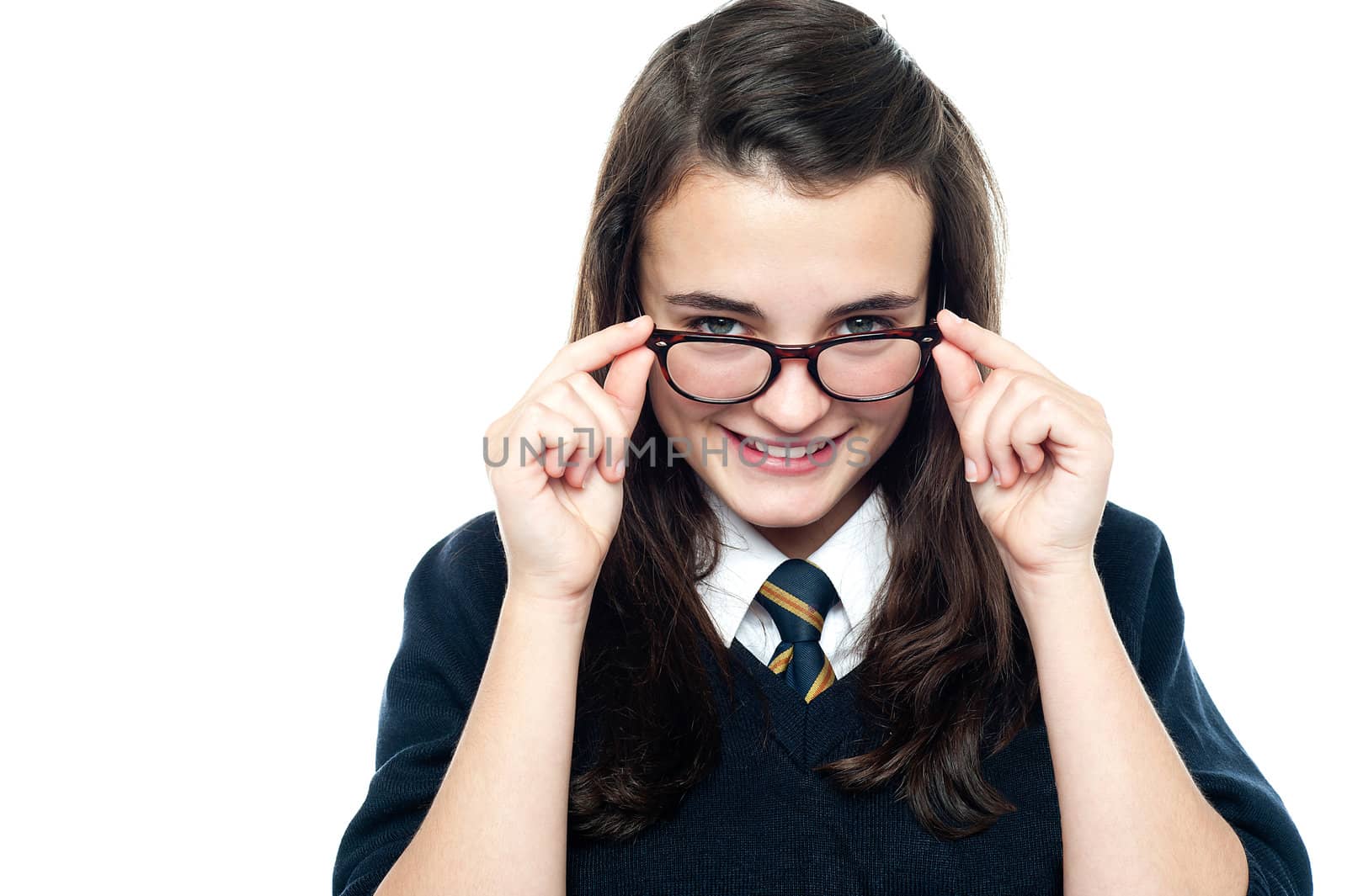 Schoolgirl adjusting her spectacles. Let me take a closer look at you