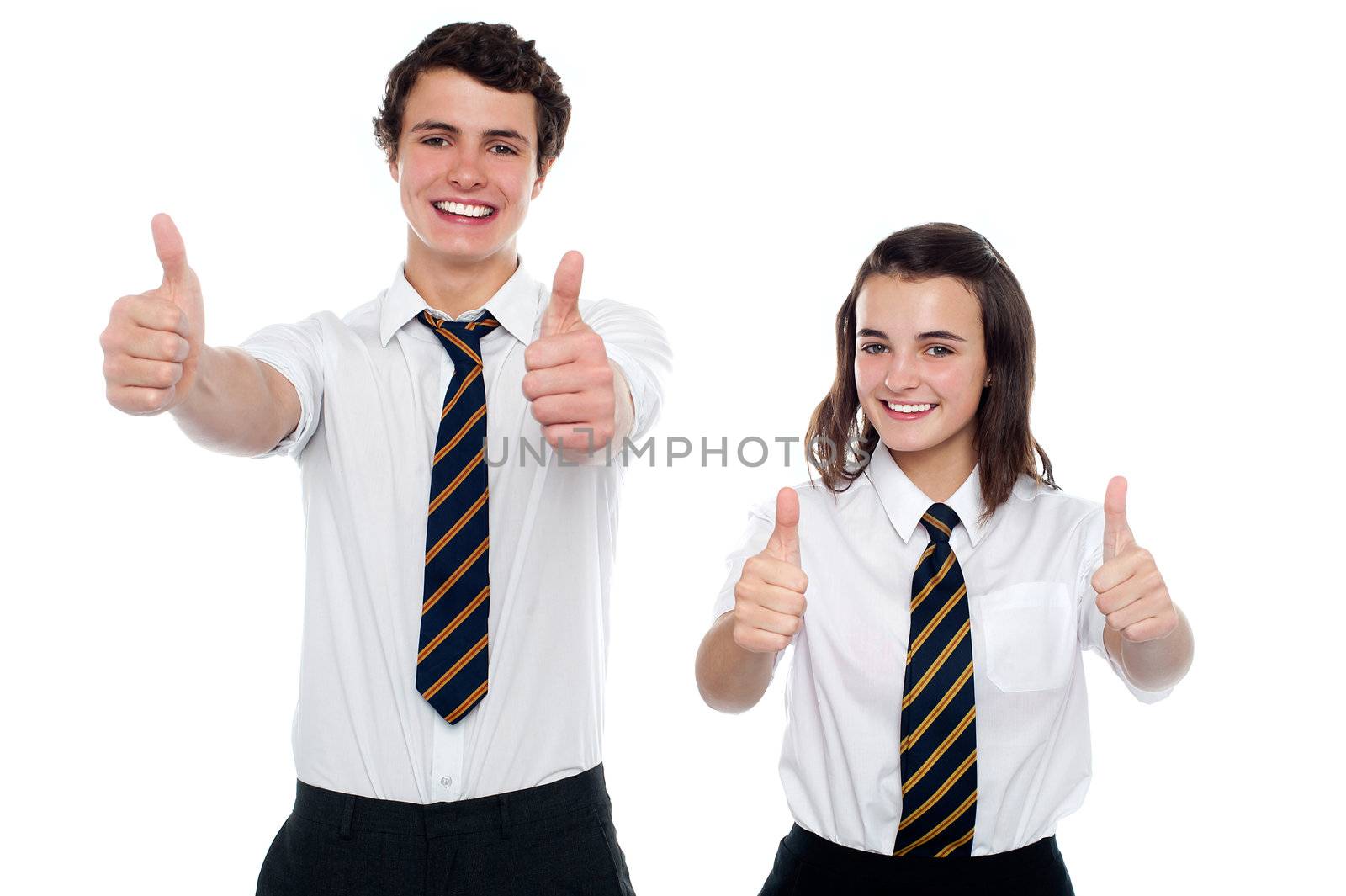 Students showing thumbs up to camera isolated over white