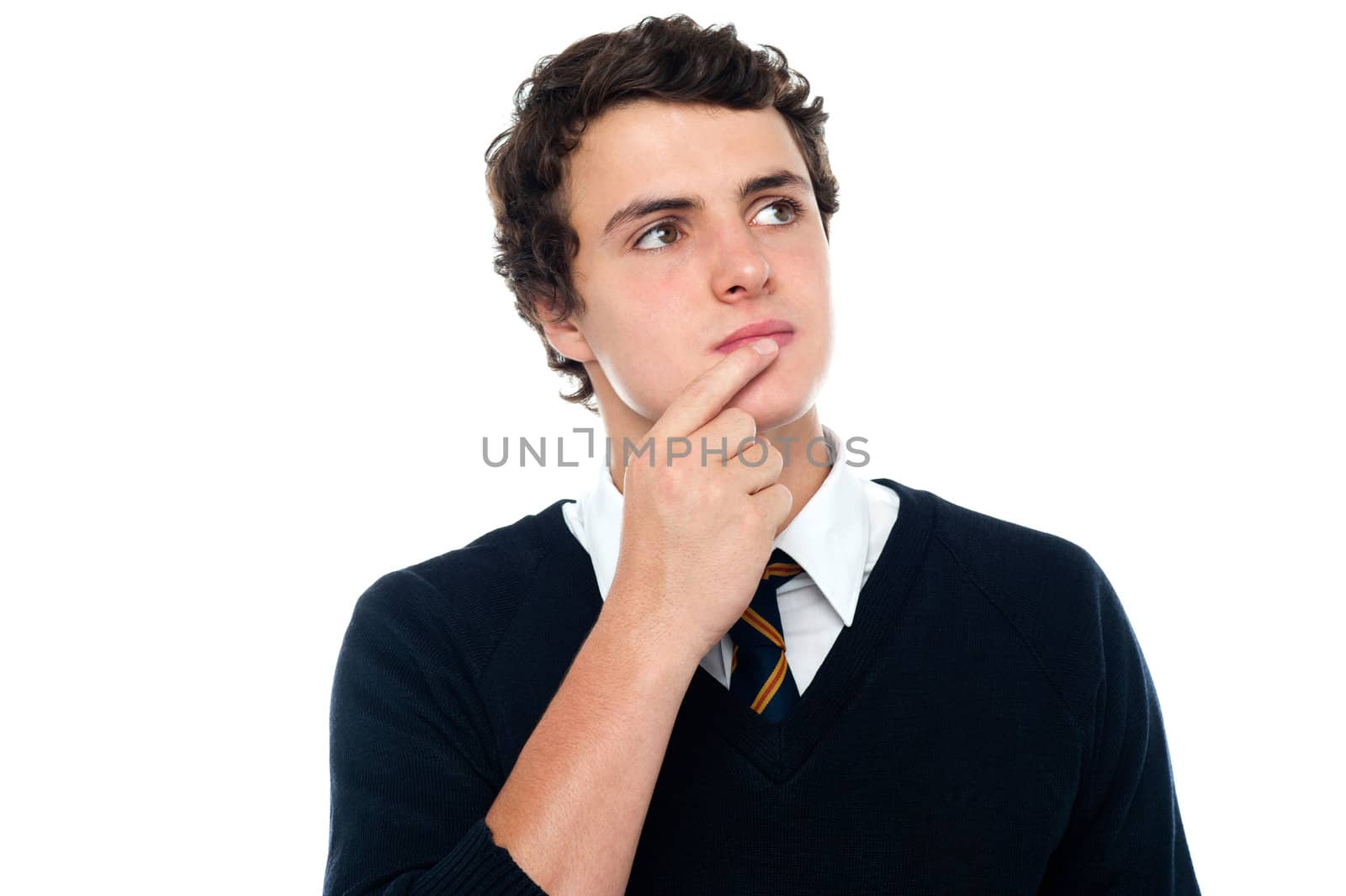 An intellectual student trying to recollect the answer isolated over white background