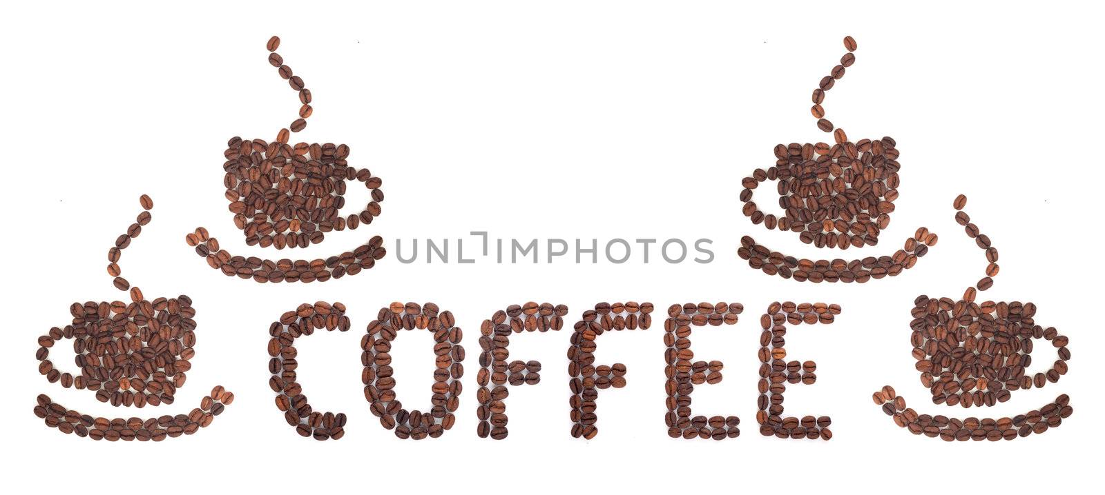 Coffee word made of beans on white background