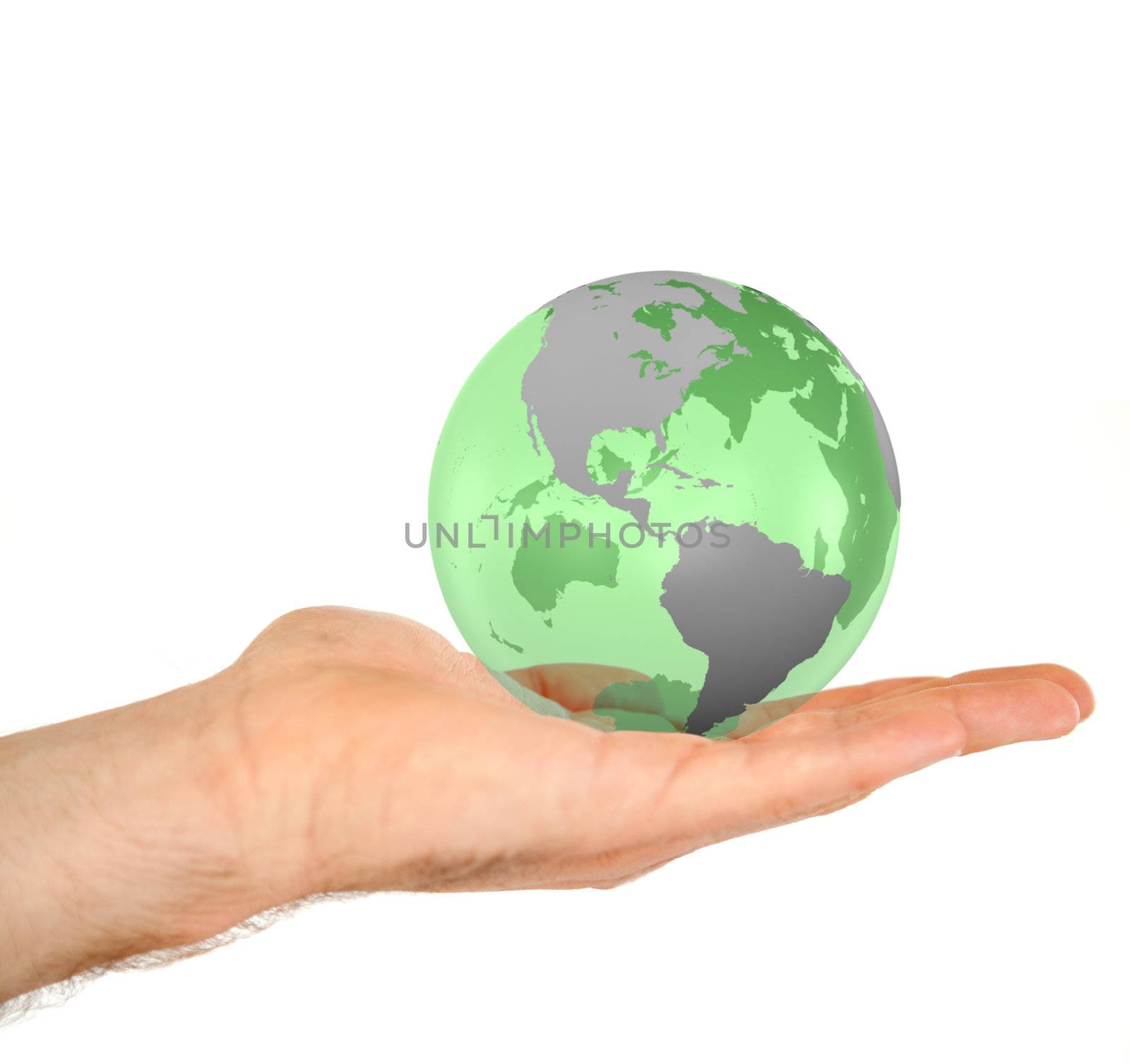 Masculine hand holding a 3d planet globe against a white background