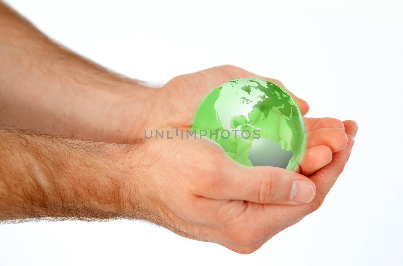 Masculine hands holding a 3d planet globe against a white background