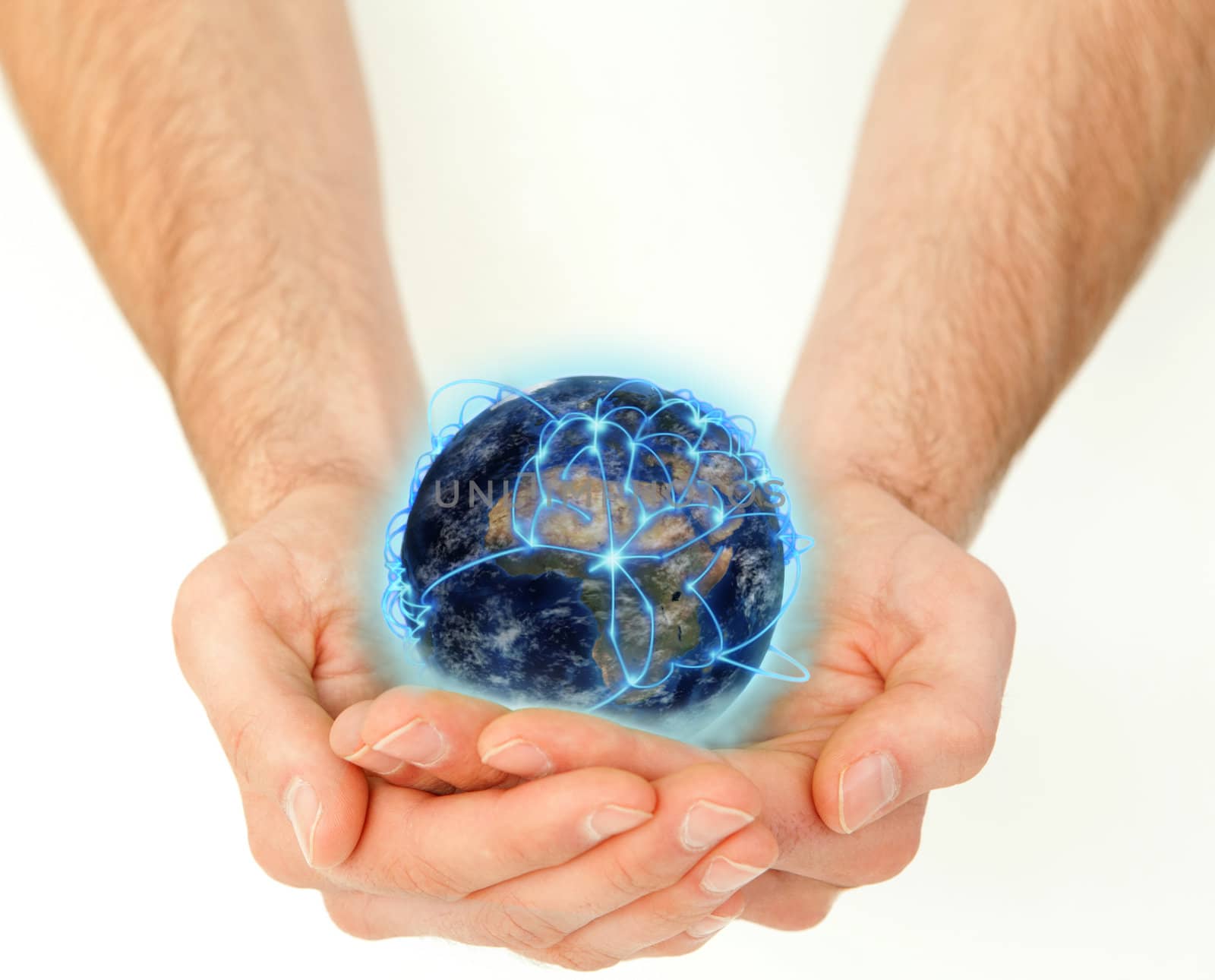Masculine hands holding a connected planet globe against a white background