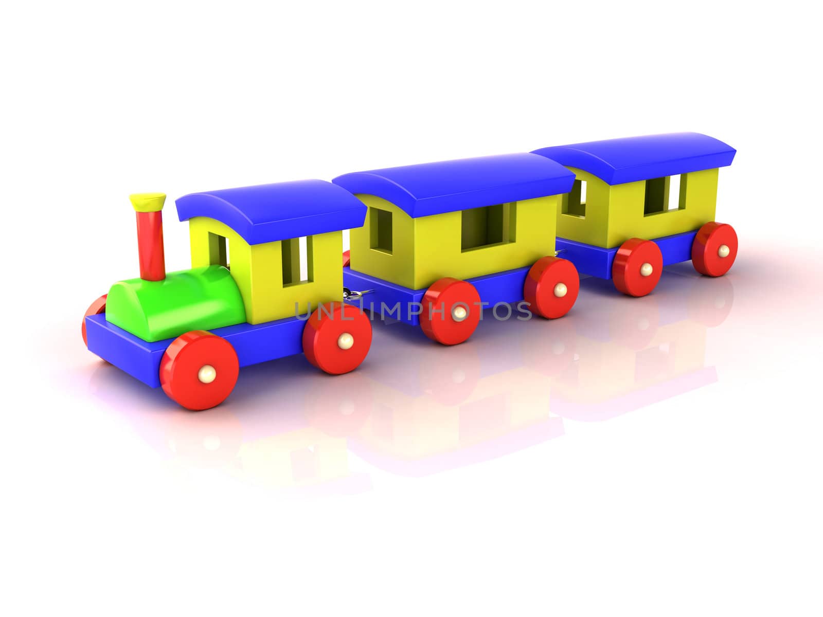 Toy train on a white background, light shadow and reflection