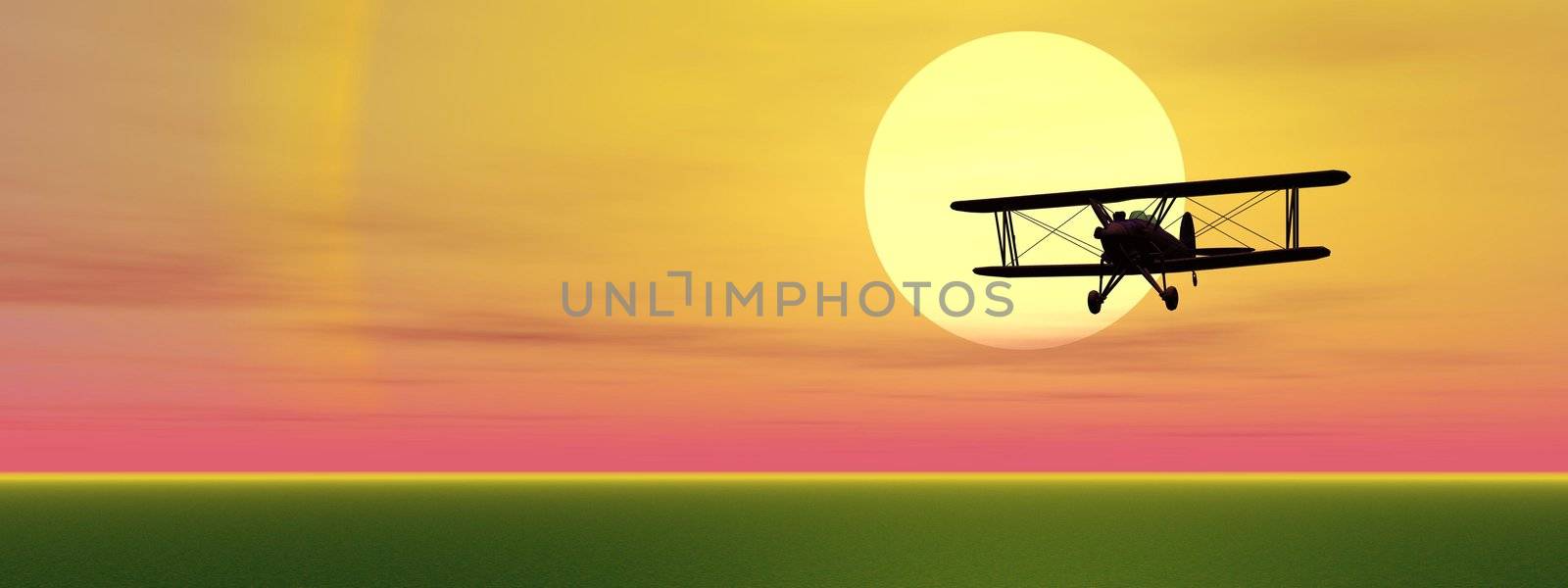 Old biplan flyinig upon grassland by sunset