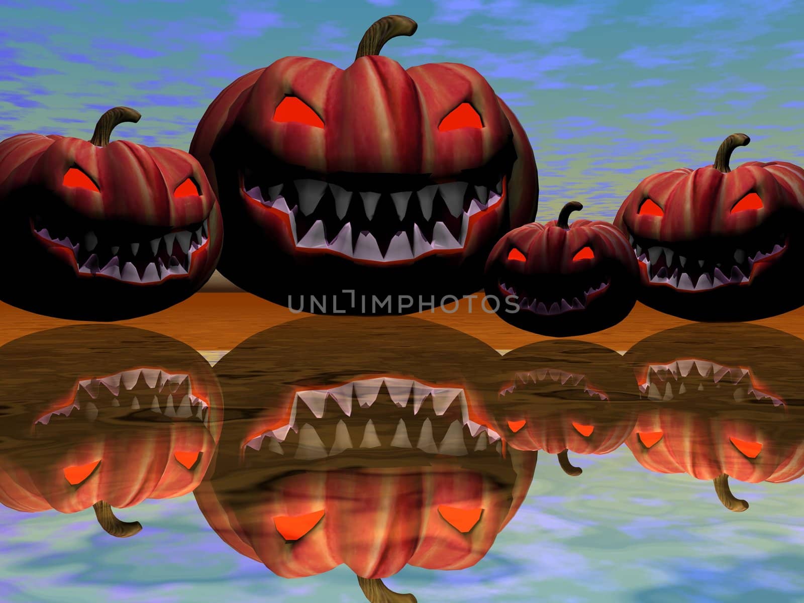 Halloween pumpkins and their reflection in the mirror