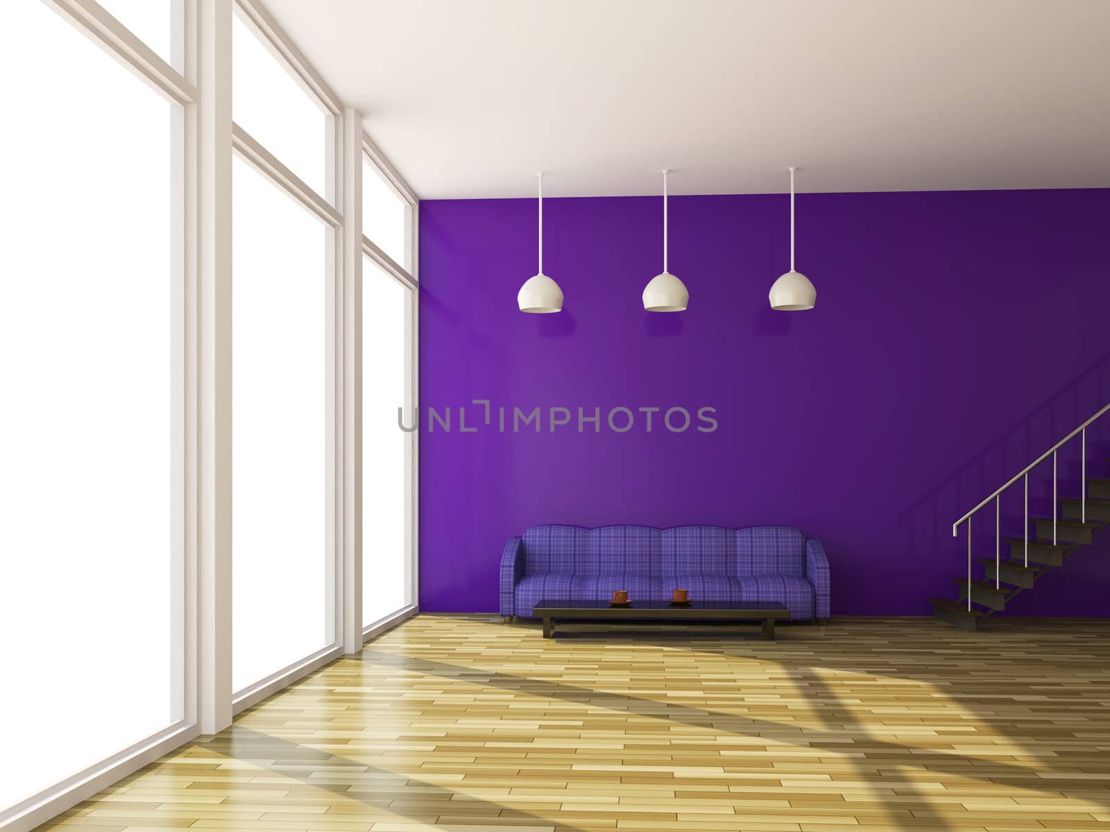 The violet sofa near a big window