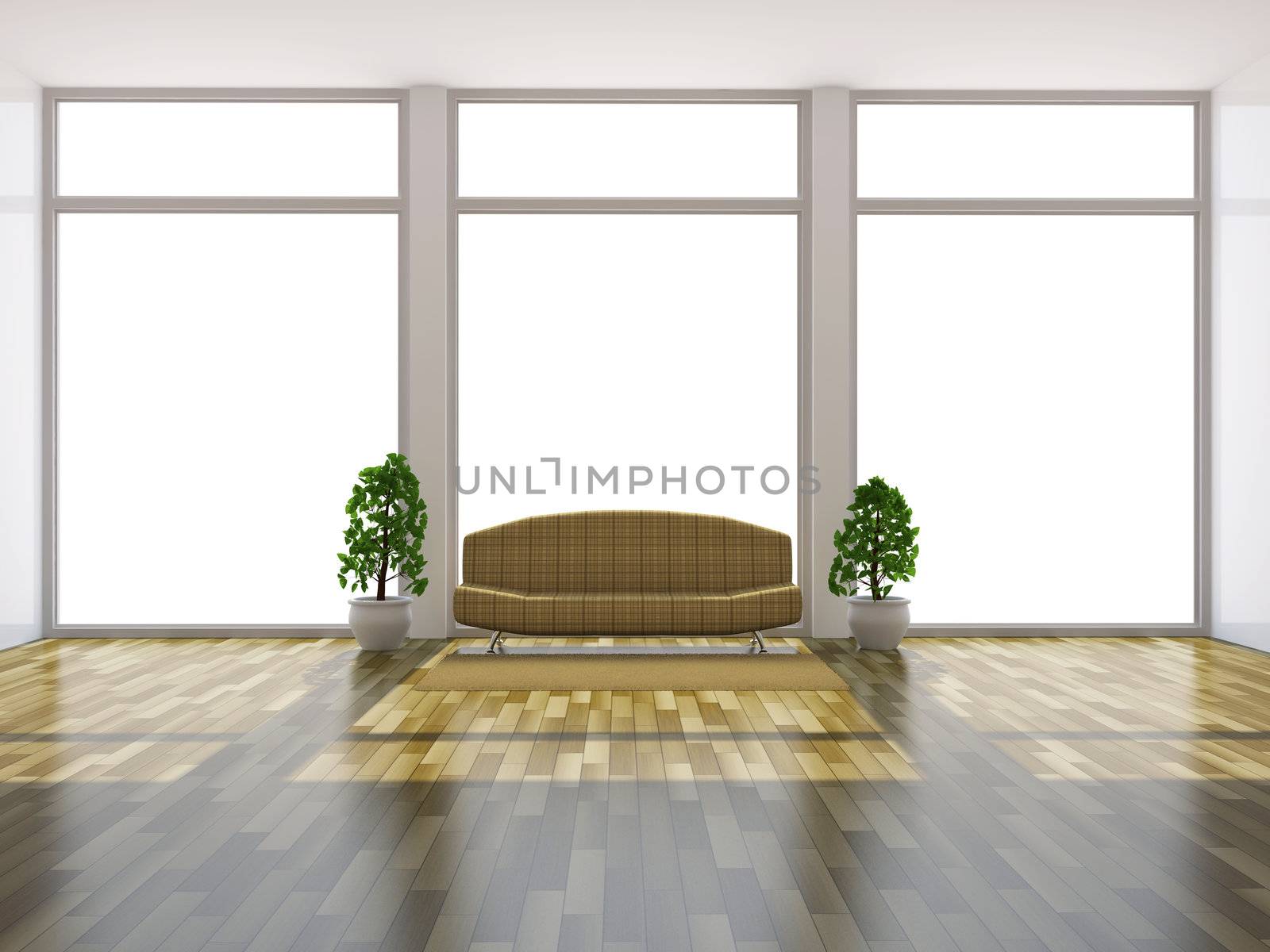 Sofa and plants near a big window 