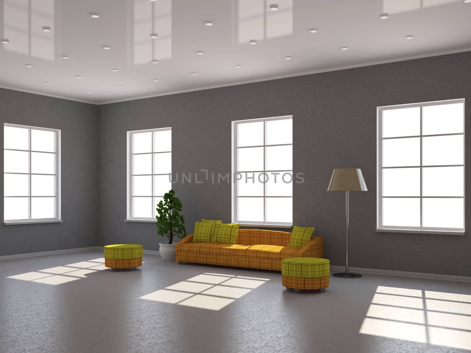 Room interior with a sofa and a lamp