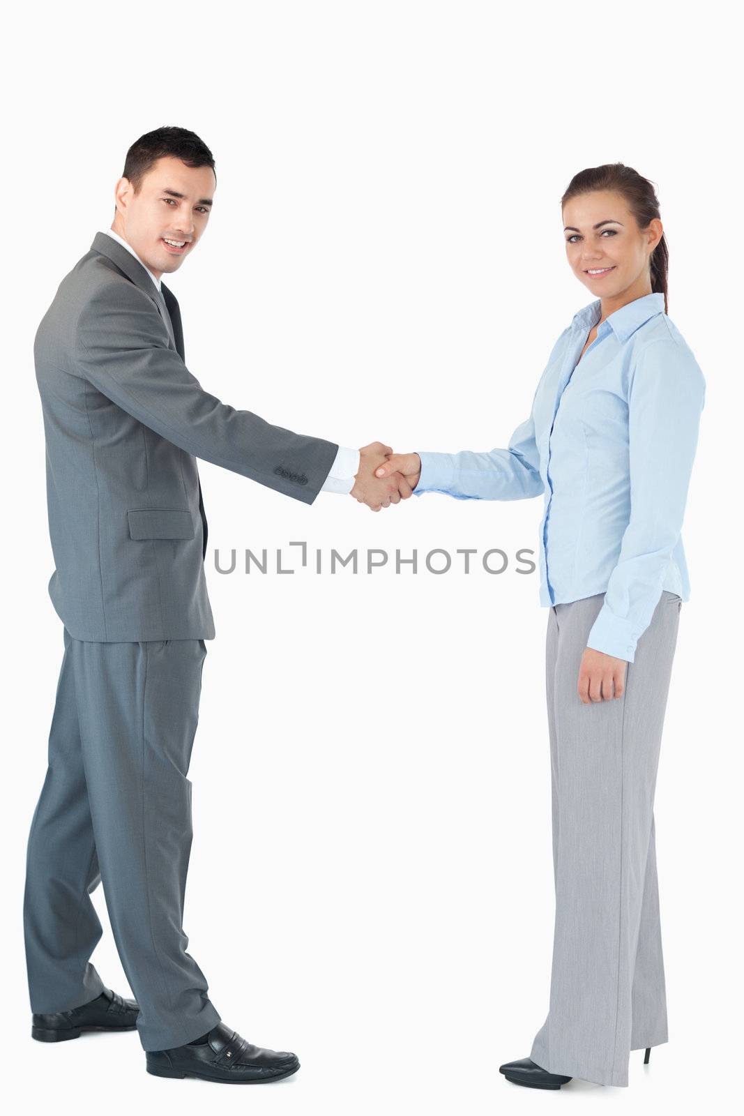 Confident business people shaking hands against a white background