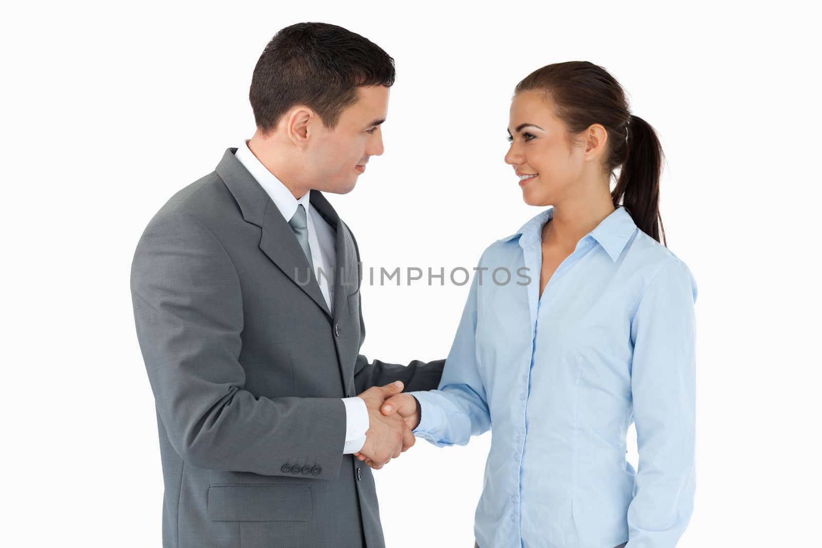 Young business partners closing a deal against a white background