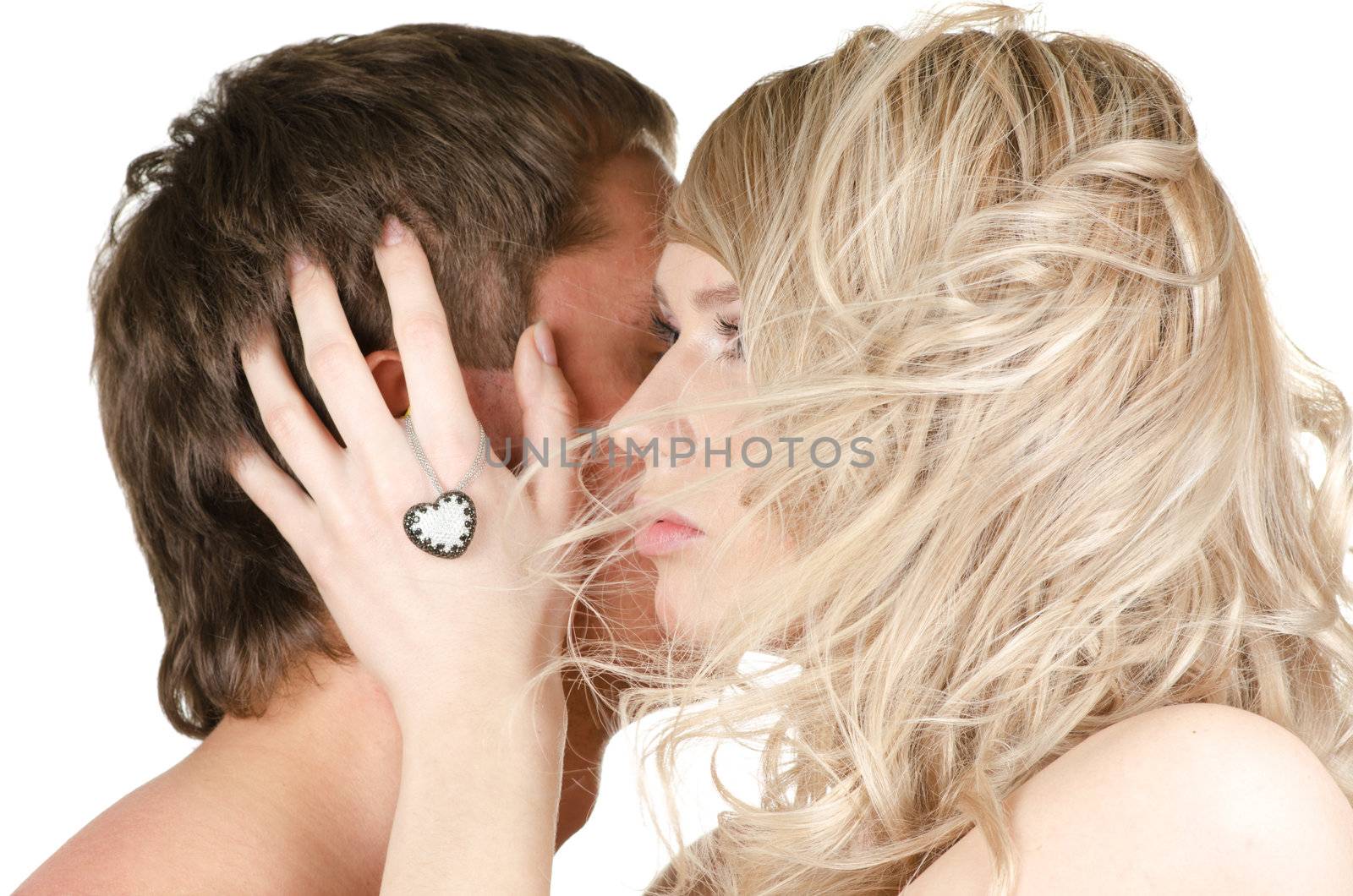 Kissing man and woman - lovers closeup portraits