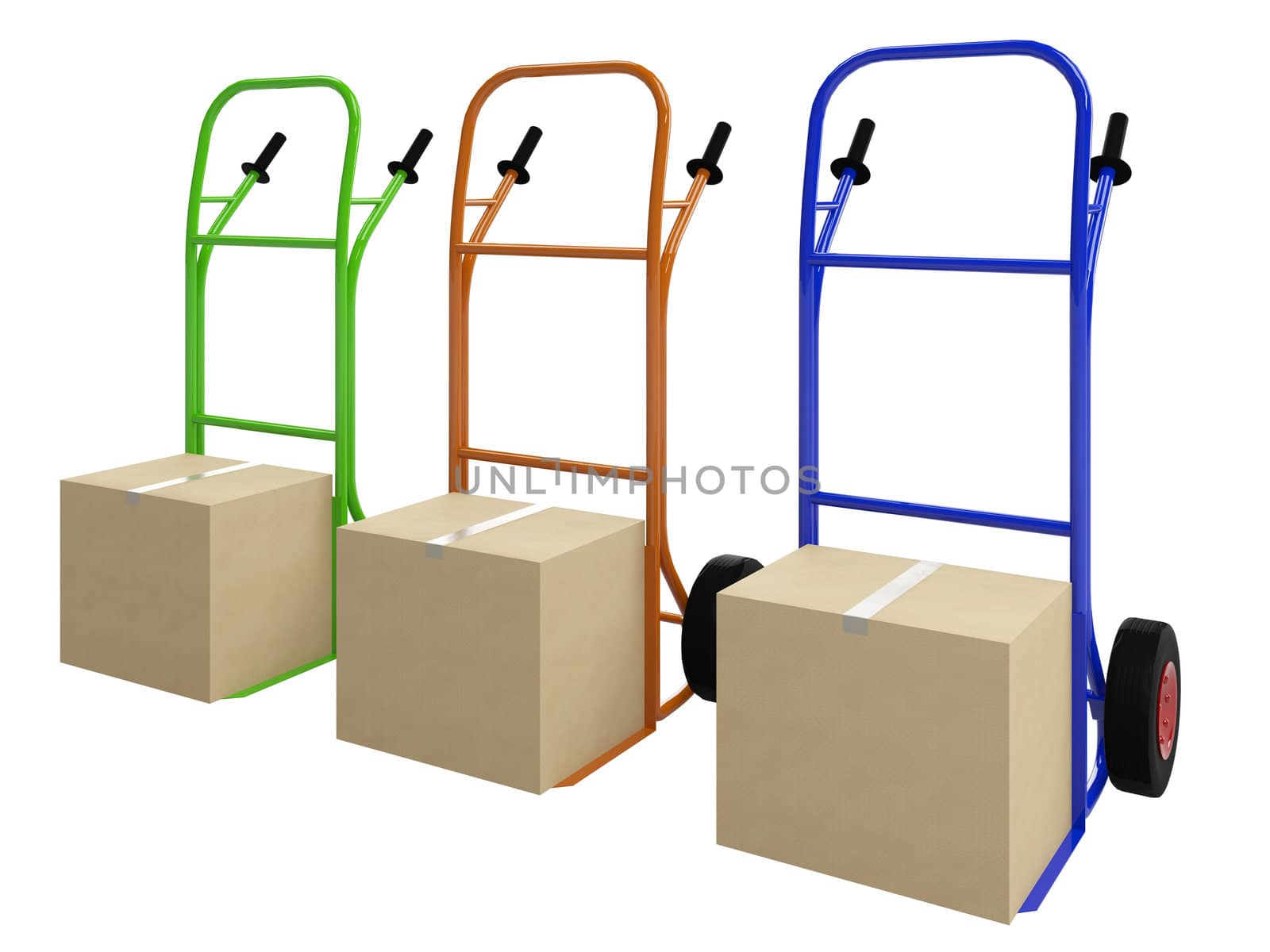 The colored pushcarts  with big cardboard boxes