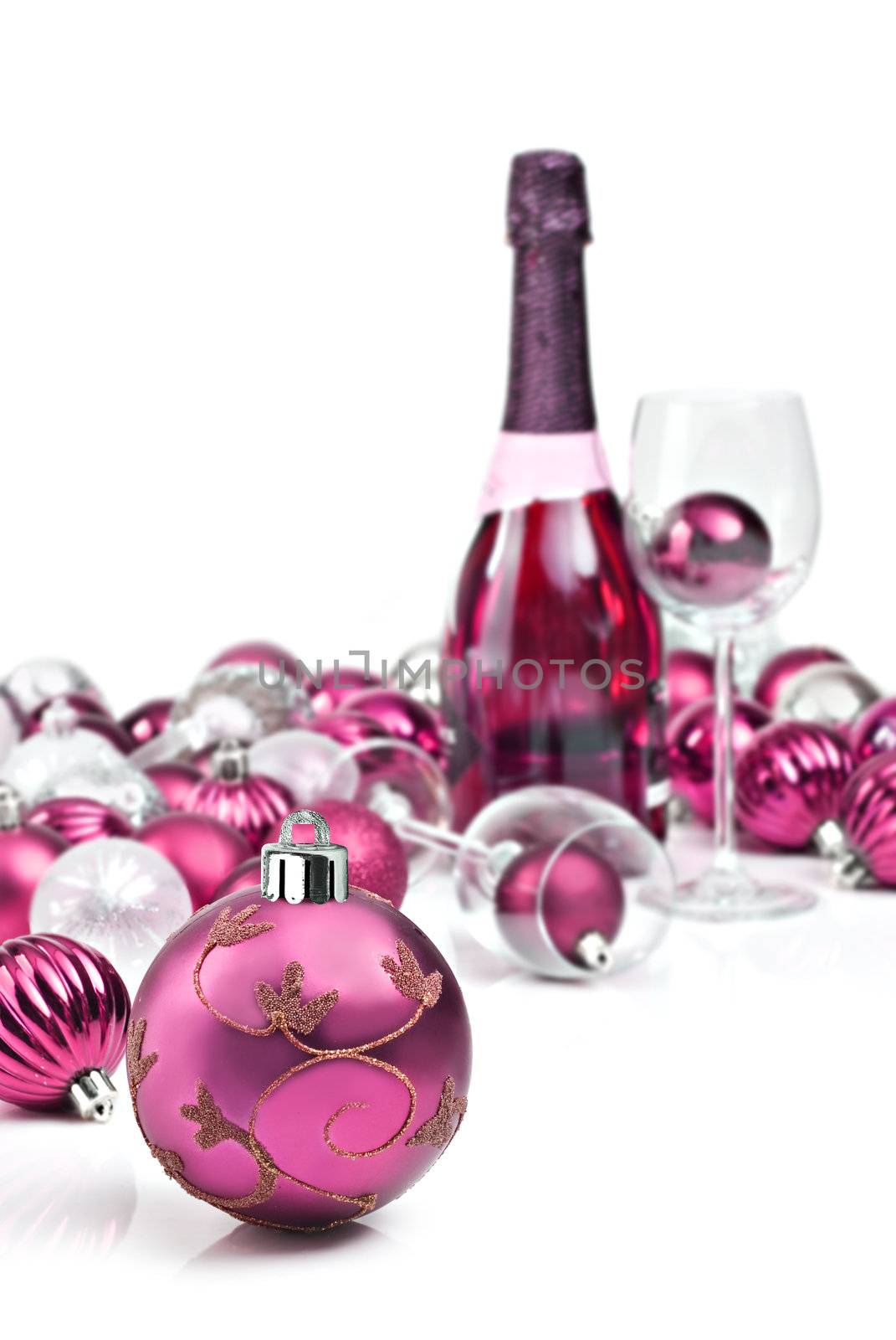 Pink christmas ornaments with sparkling wine by tish1