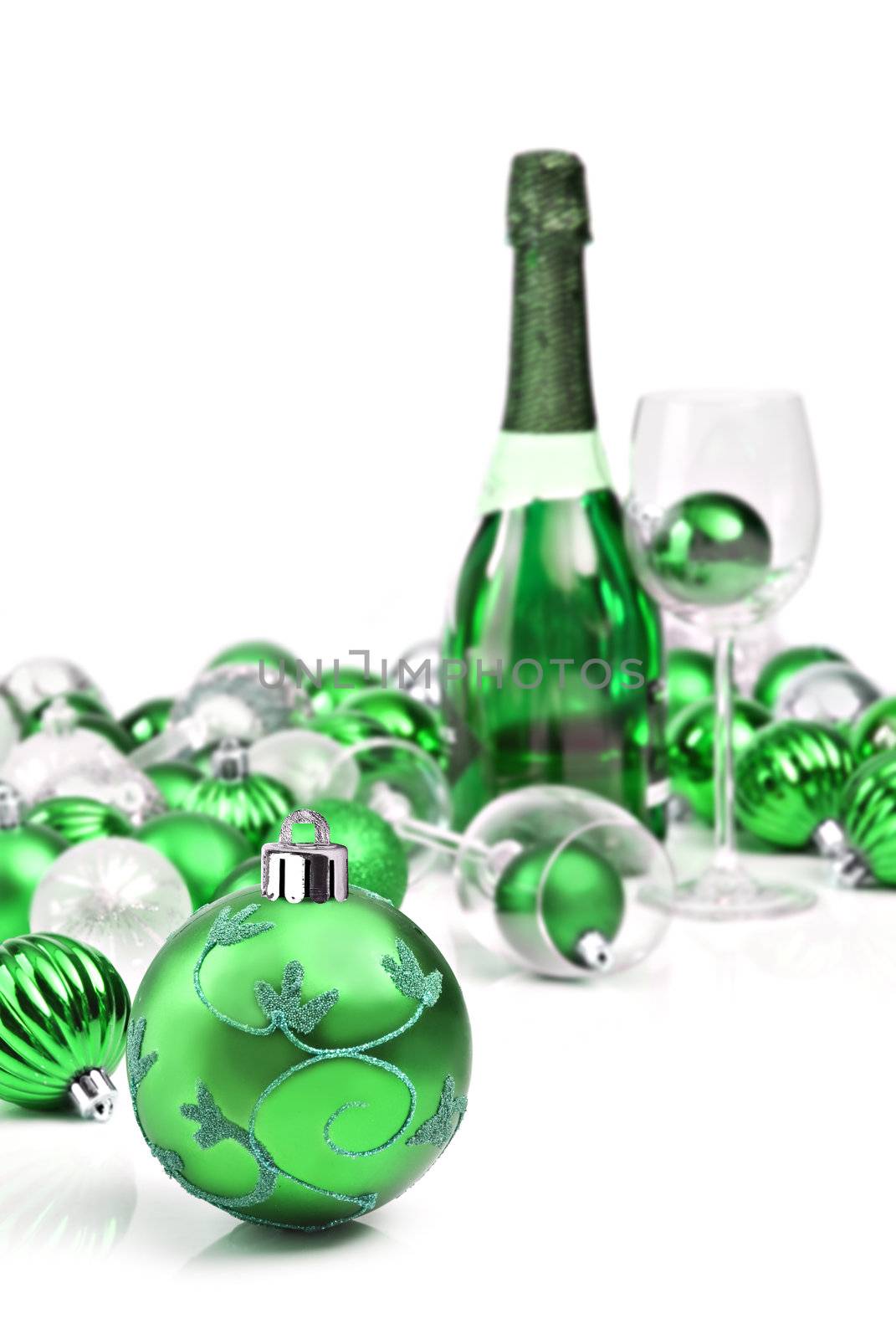 Green christmas ornaments with wine