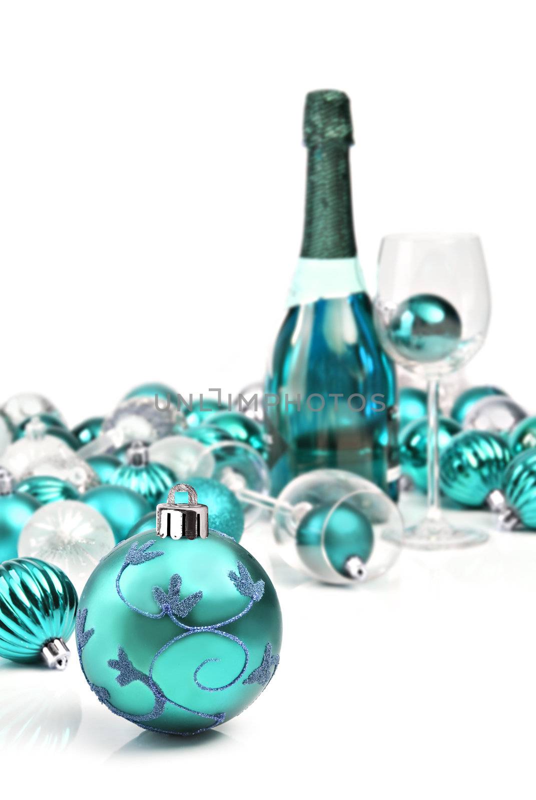 Blue christmas ornaments with sparkling wine by tish1