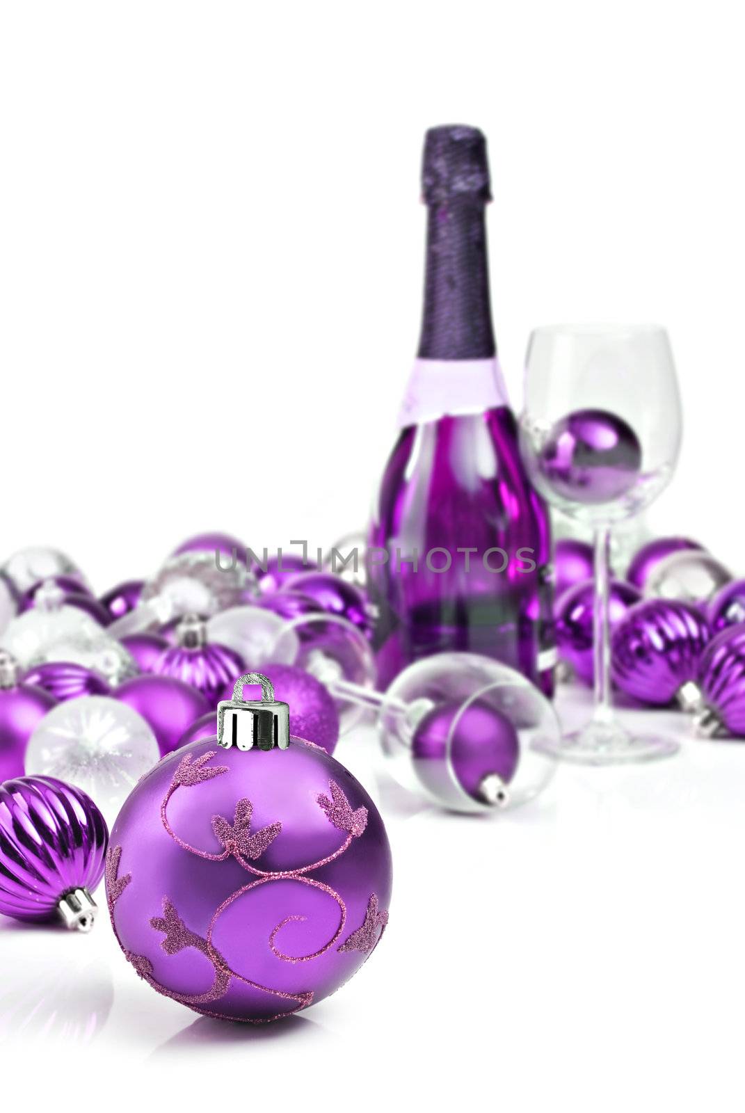 Purple christmas ornaments with sparkling wine by tish1