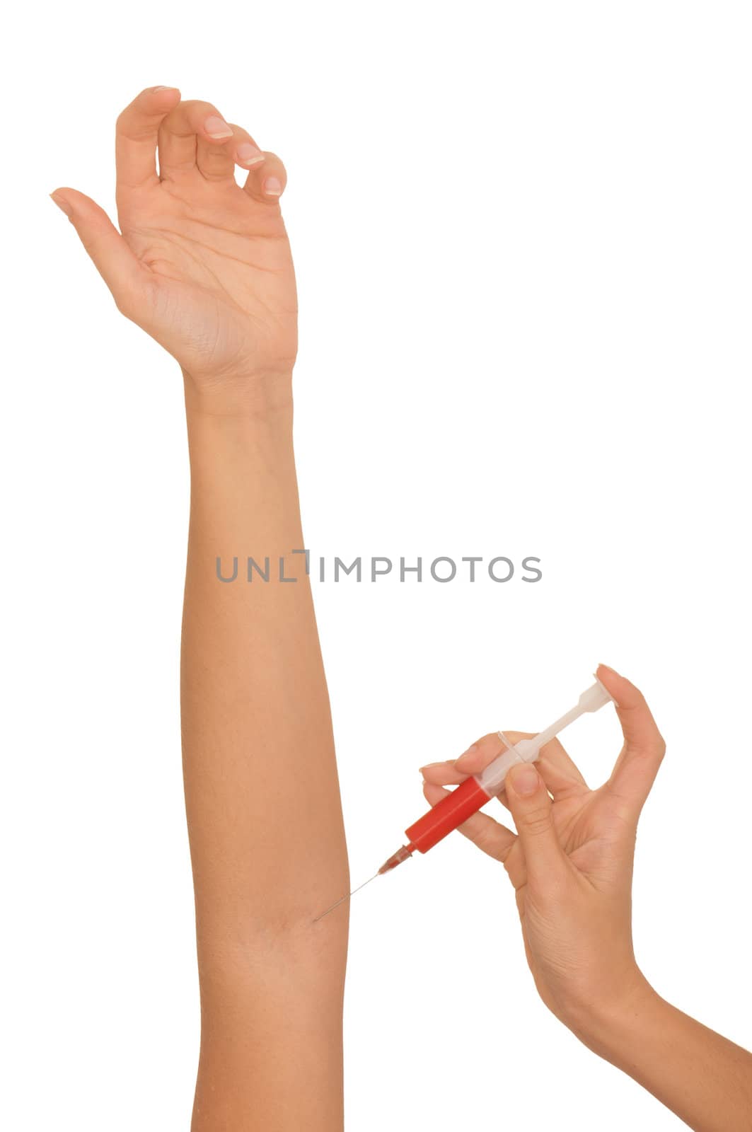 Woman use syringe with a new synthetic hard drugs mixed with blood for escape from reality