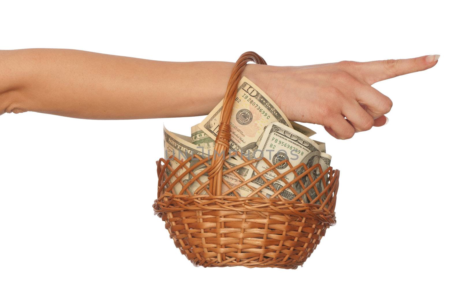 woman holding a basket with money for buying some goods