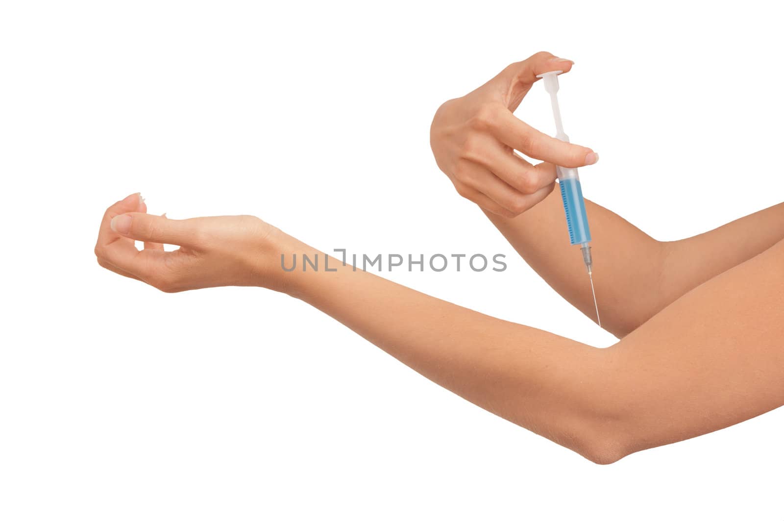 Woman use syringe with a new synthetic hard drugs for escape from reality