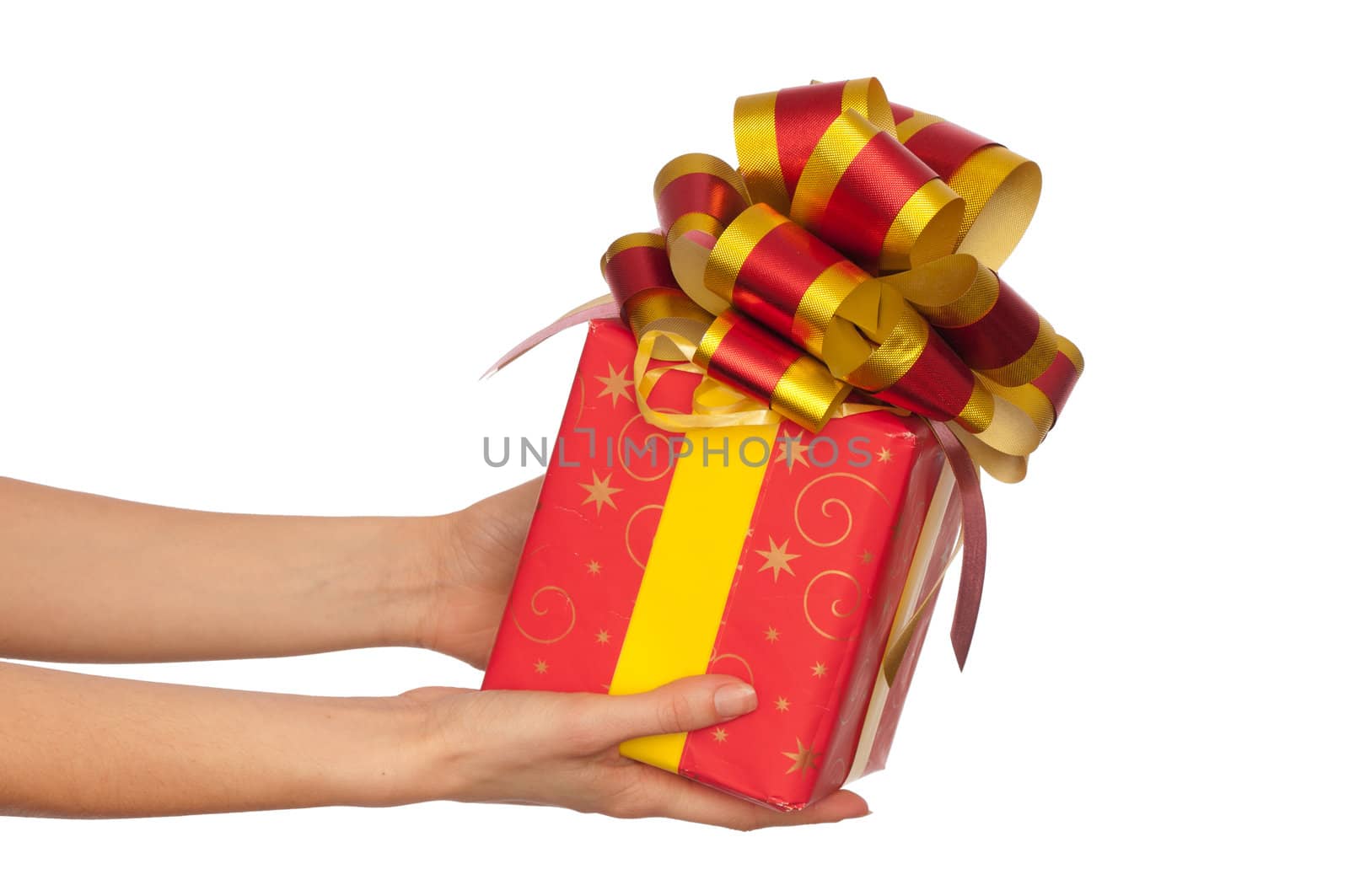 woman giving a red box with yellow bow as a gift