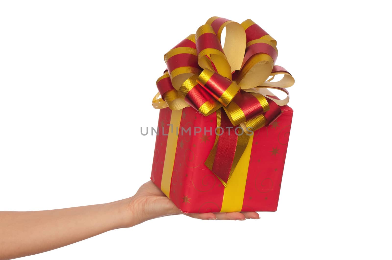 woman giving a red box with yellow bow as a gift