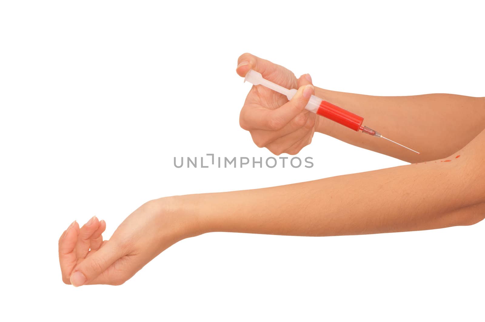 Woman use syringe with a new synthetic hard drugs mixed with blood for escape from reality