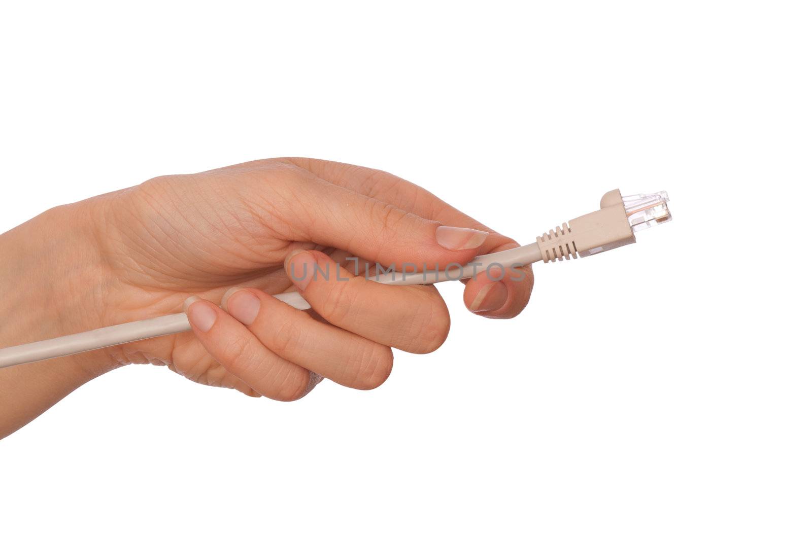 woman holding LAN cord in the hand