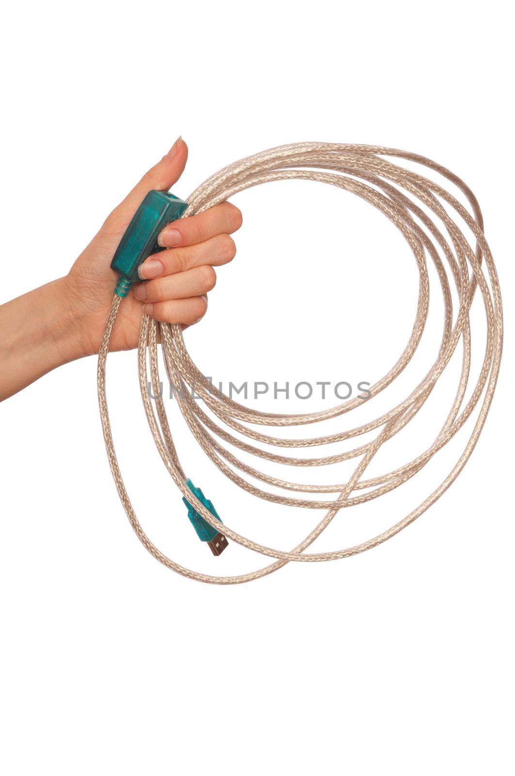 woman holding power USB cord in the hand