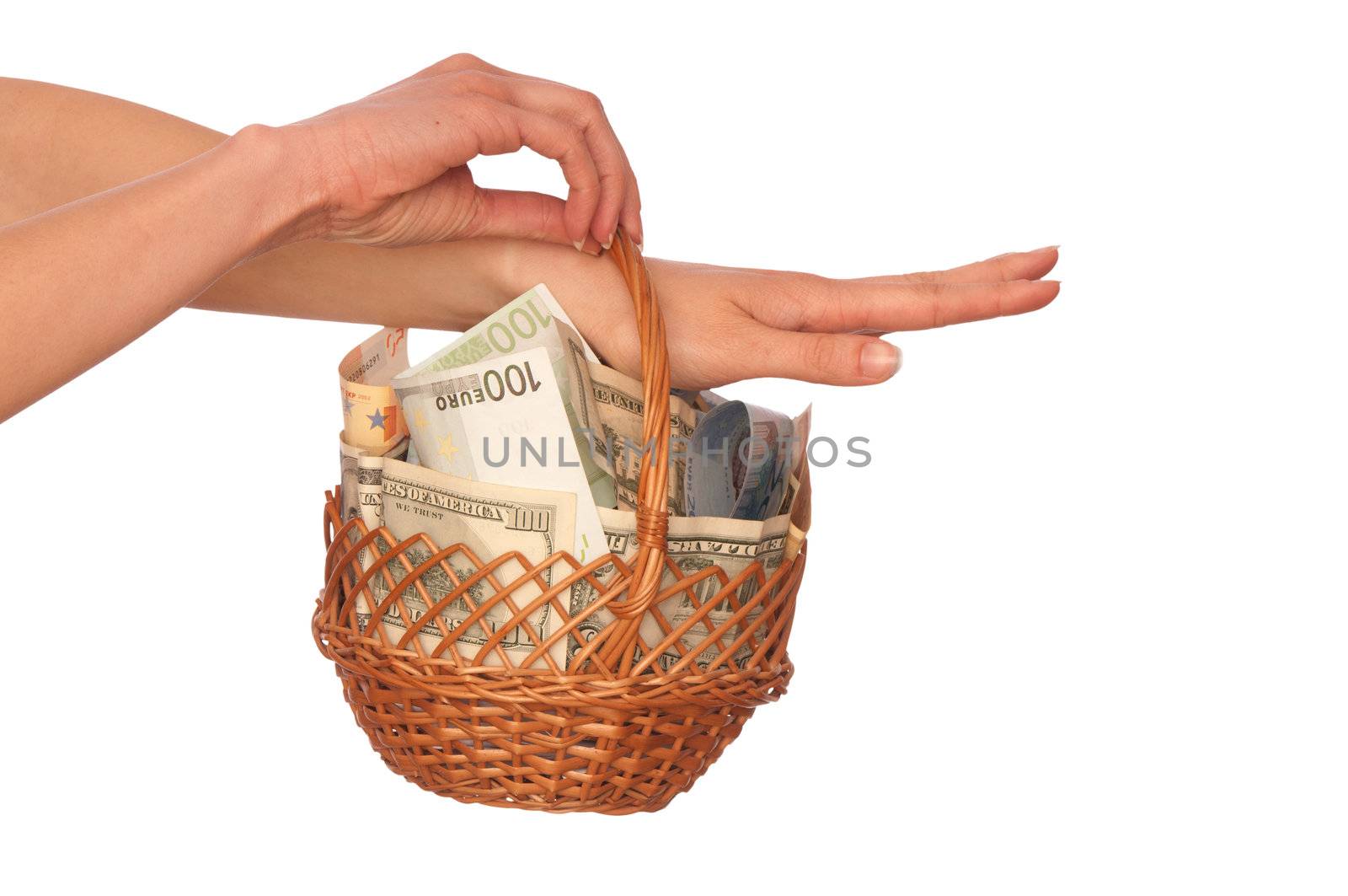businesswoman owns the dual currency basket with euro and dollars for stable business