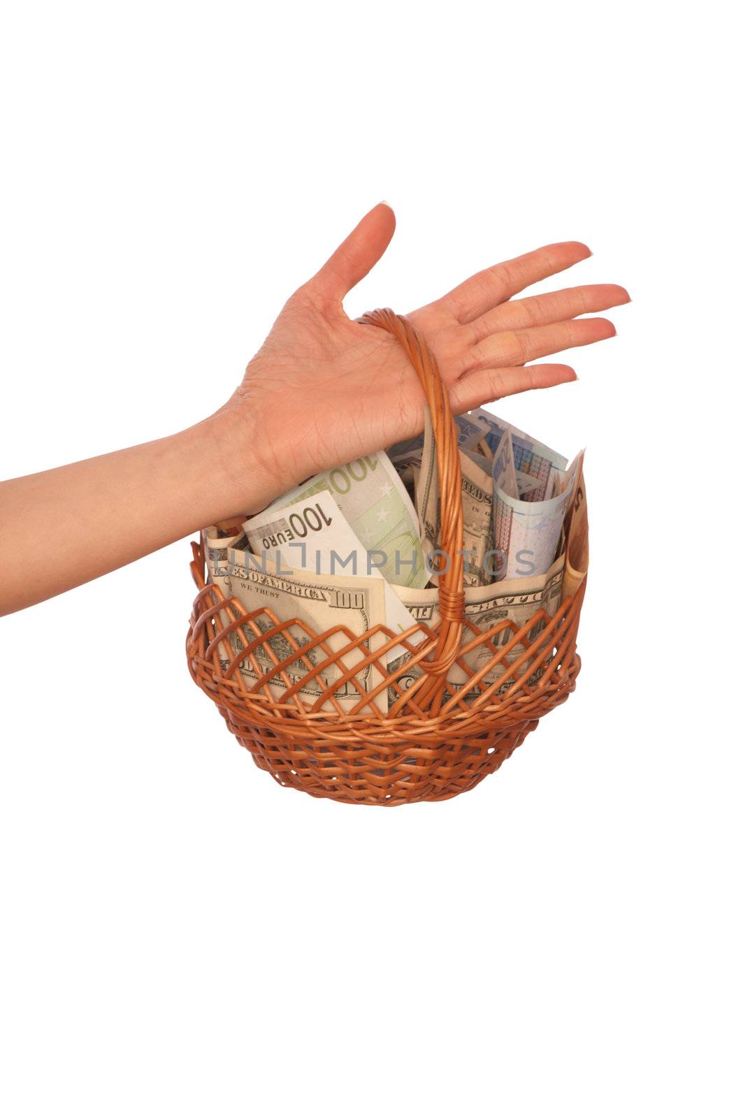 businesswoman owns the dual currency basket with euro and dollars for stable business