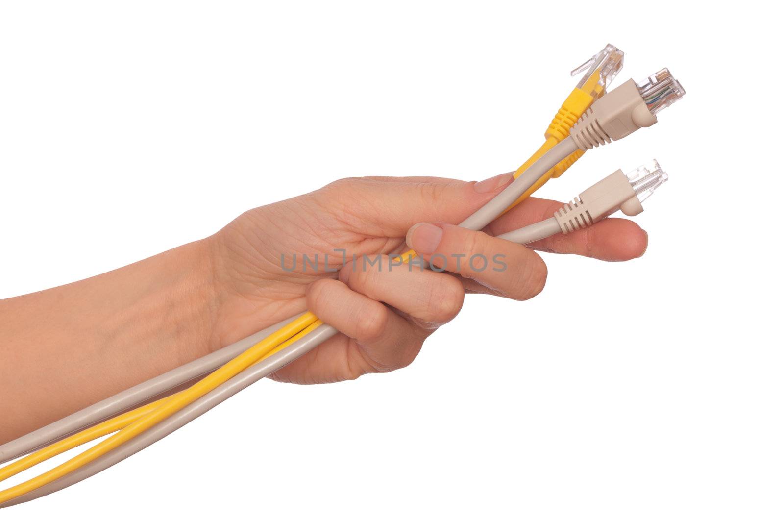 woman holding power LAN cord in the hand