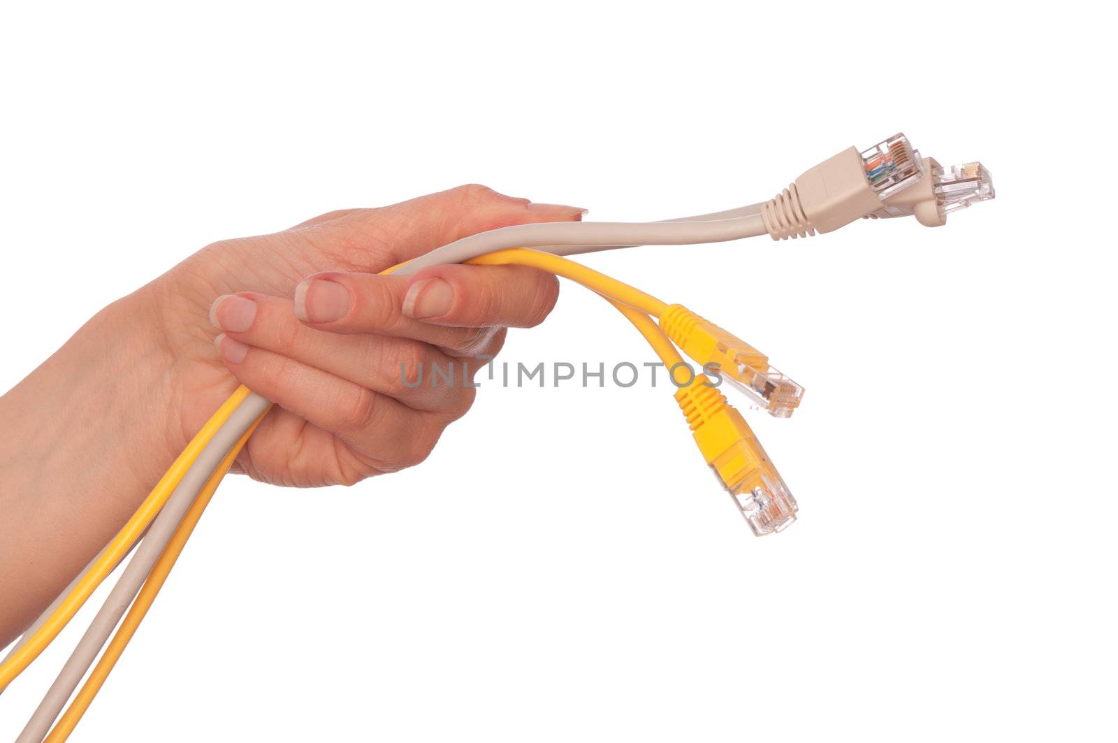 woman holding power LAN cord in the hand