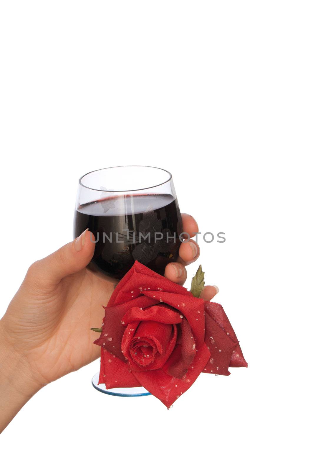 woman take red rose and glass with red wine