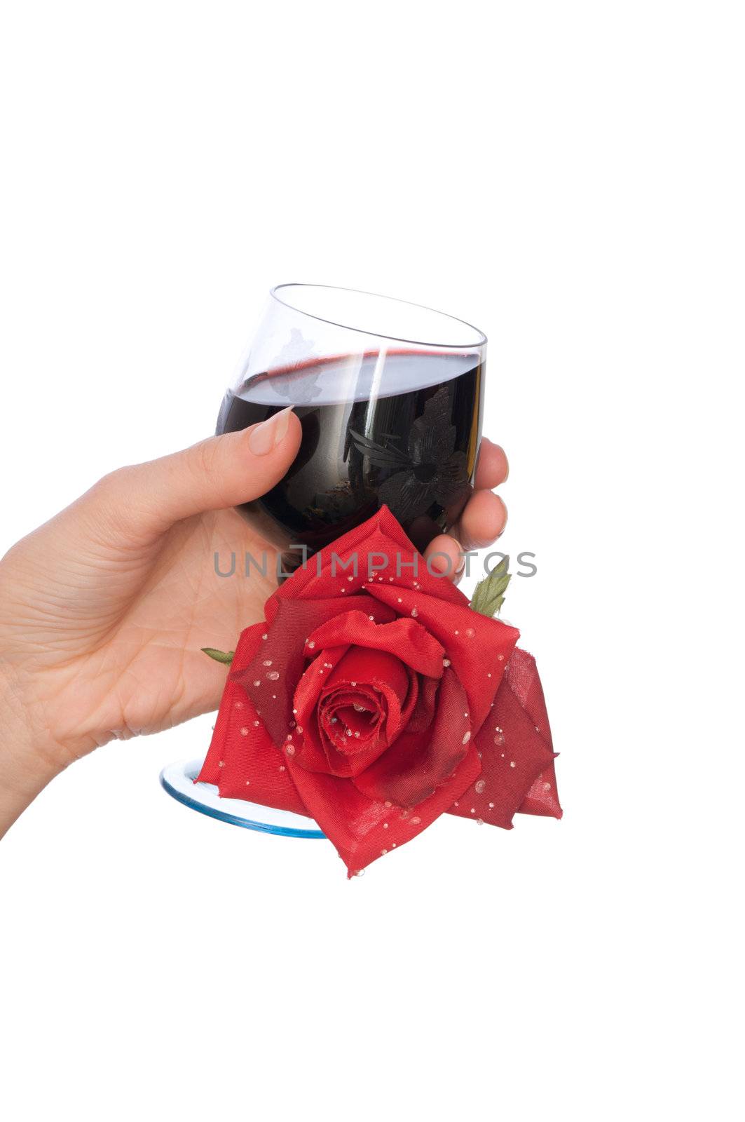 woman take red rose and glass with red wine