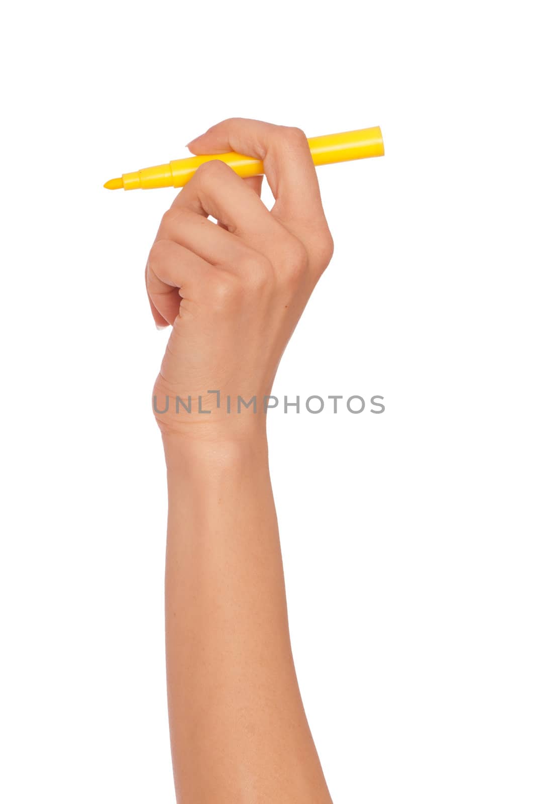 businesswoman drawing scheme with yellow felt-tip pen