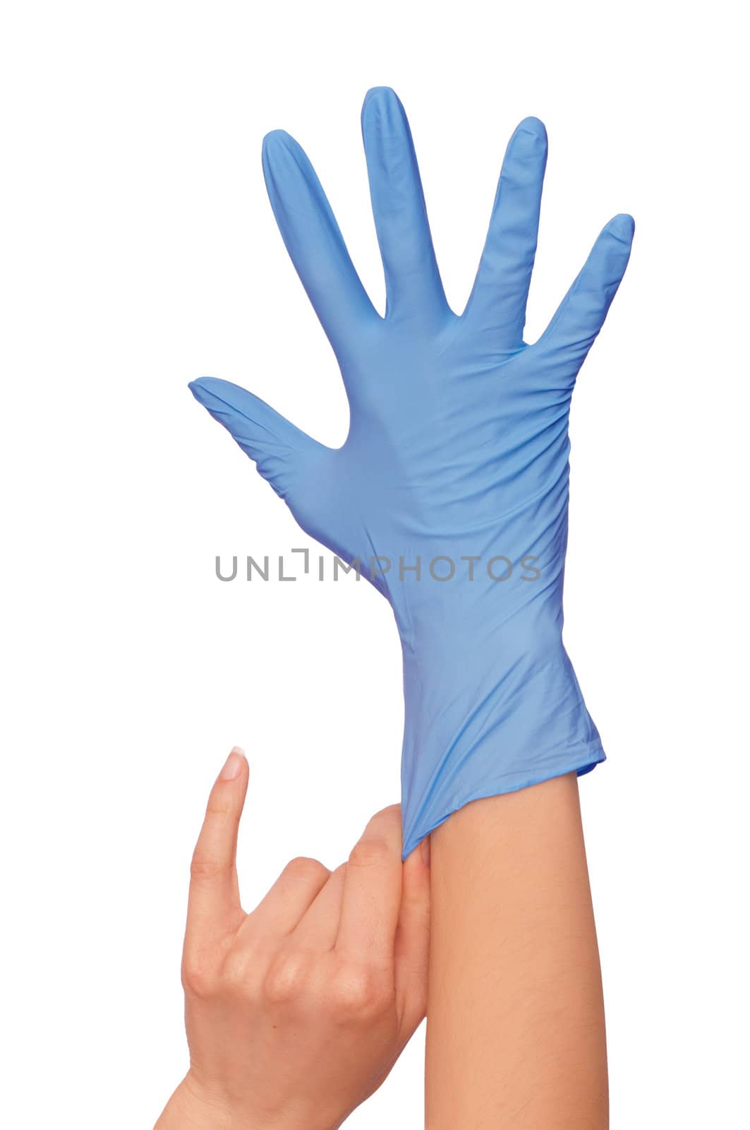 doctor putting on blue sterilized medical glove for making operation