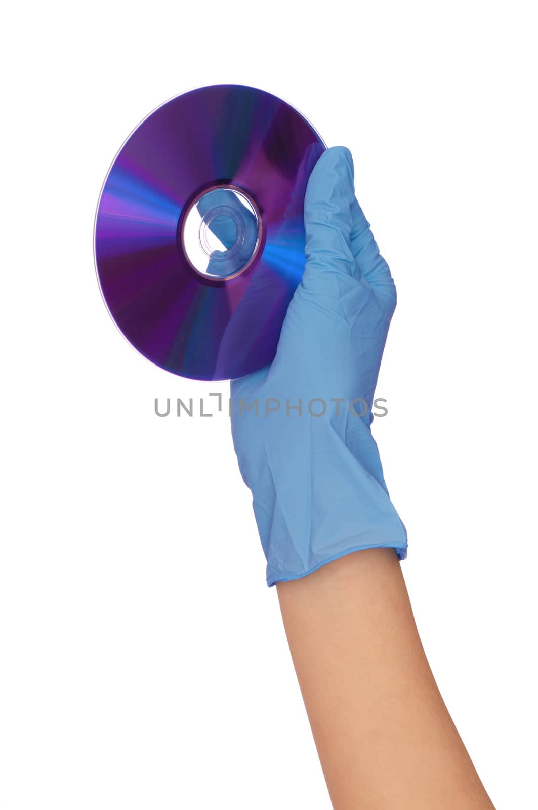 Disk with dangerous confidential audio and video about hacker programs and viruses in a hand of the inspector
