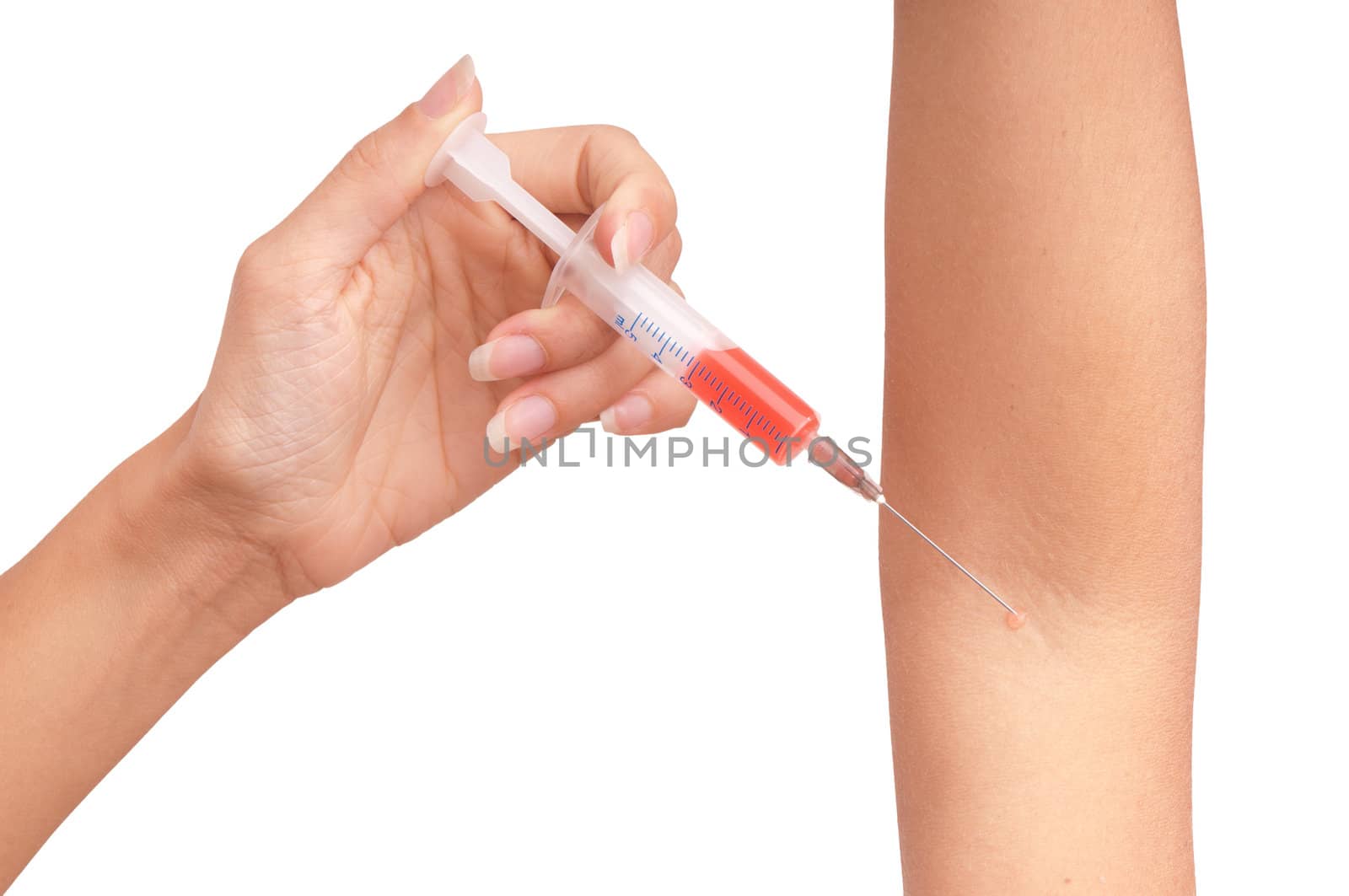 Woman use syringe with a new synthetic hard drugs mixed with blood for escape from reality