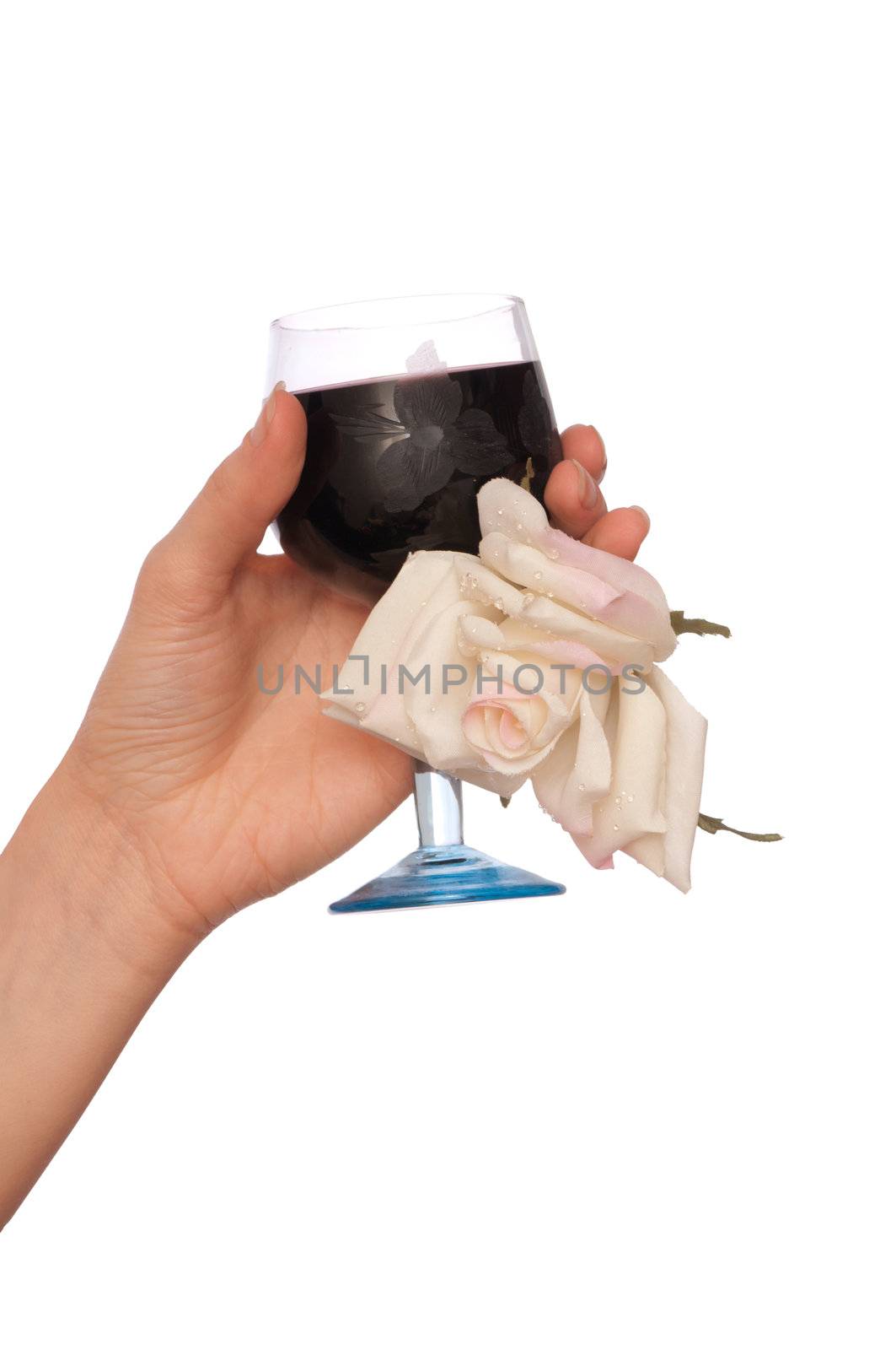 woman take white rose and glass with red wine