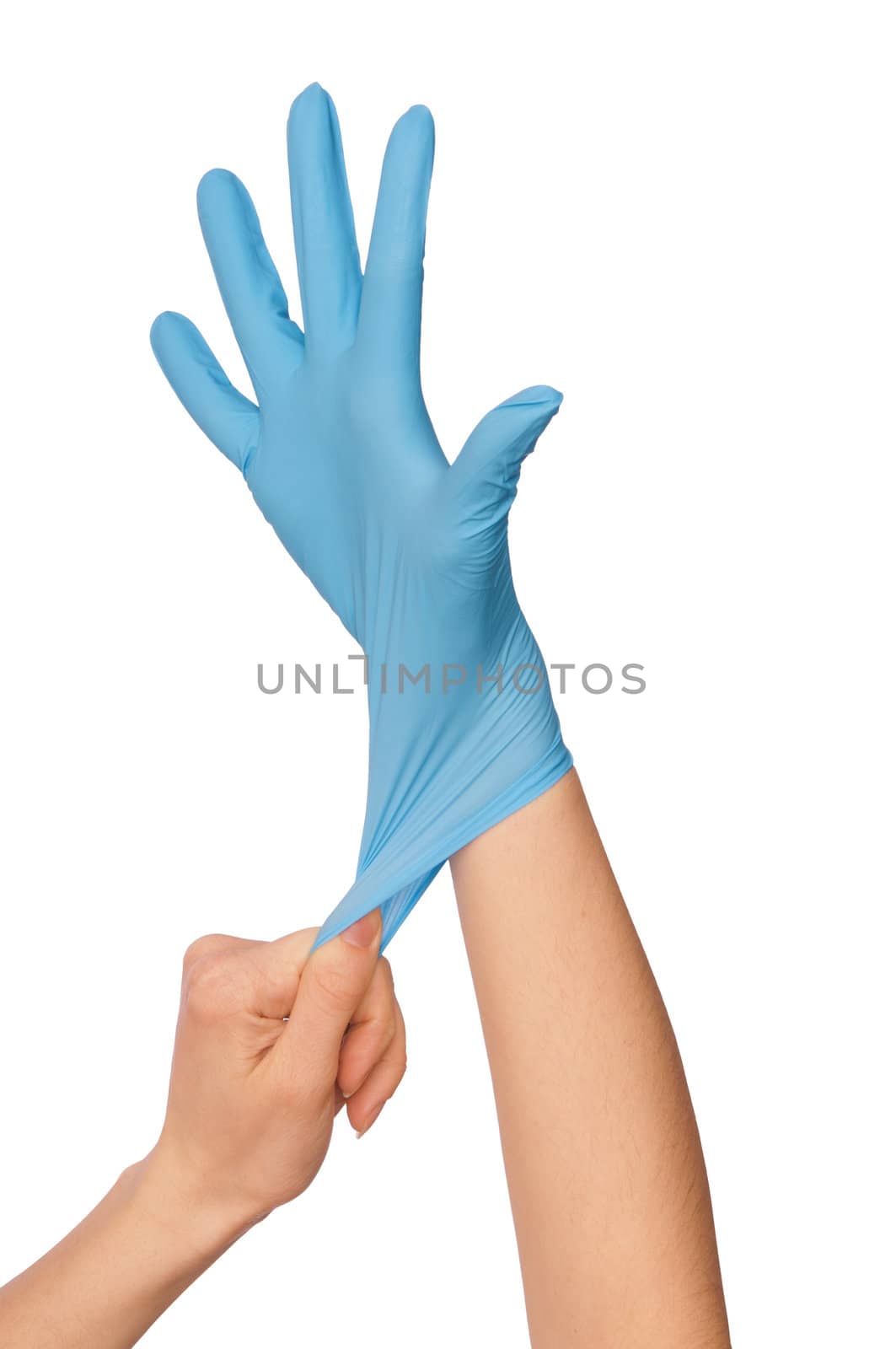 doctor putting on blue sterilized medical glove for making operation