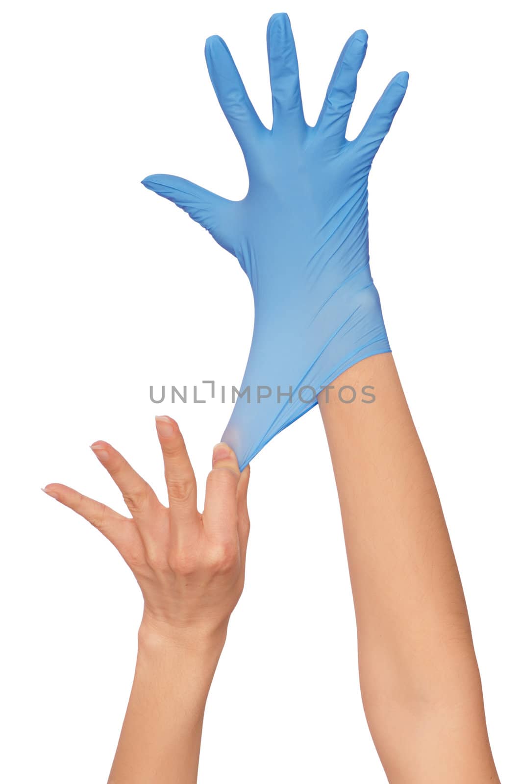 doctor putting on blue sterilized medical glove for making operation
