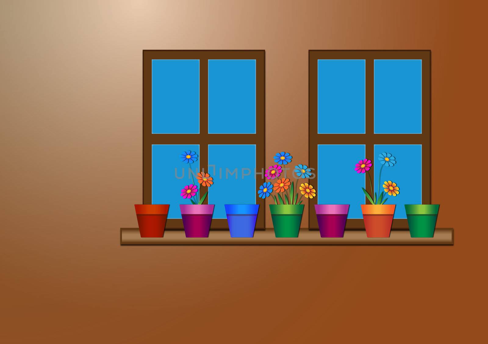 wall of windows with flowerpots and flowers on the windowsill