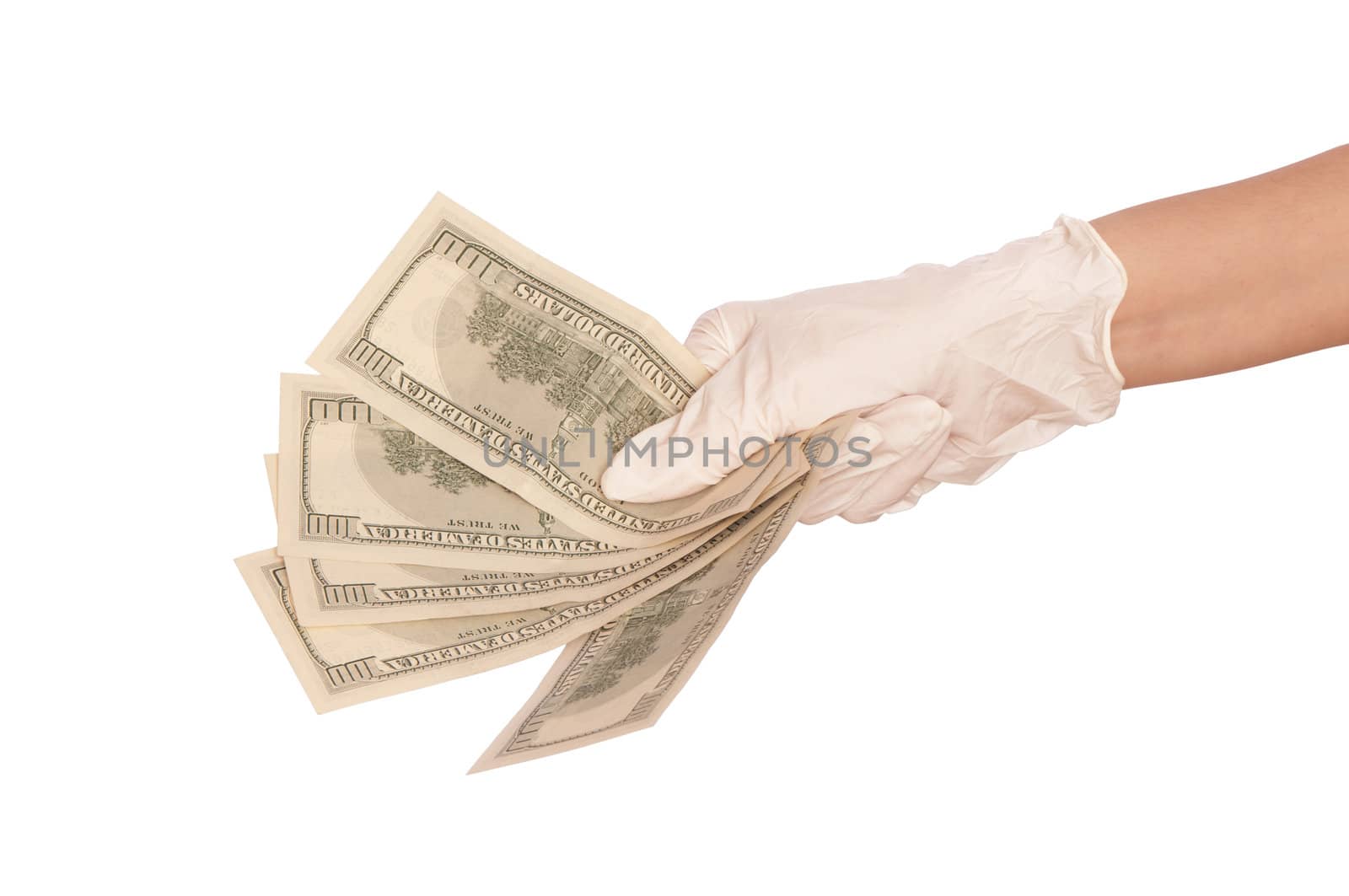 doctor take of fake dollars in the hand