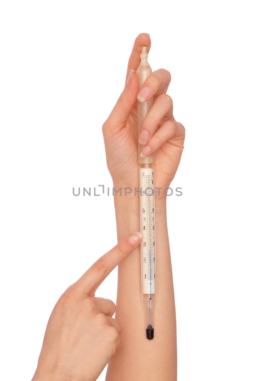 woman showing summer temperature on the Celsius thermometer