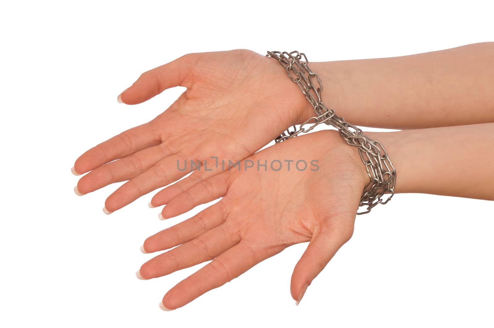Woman bounded metal chains as a symbol of punishment