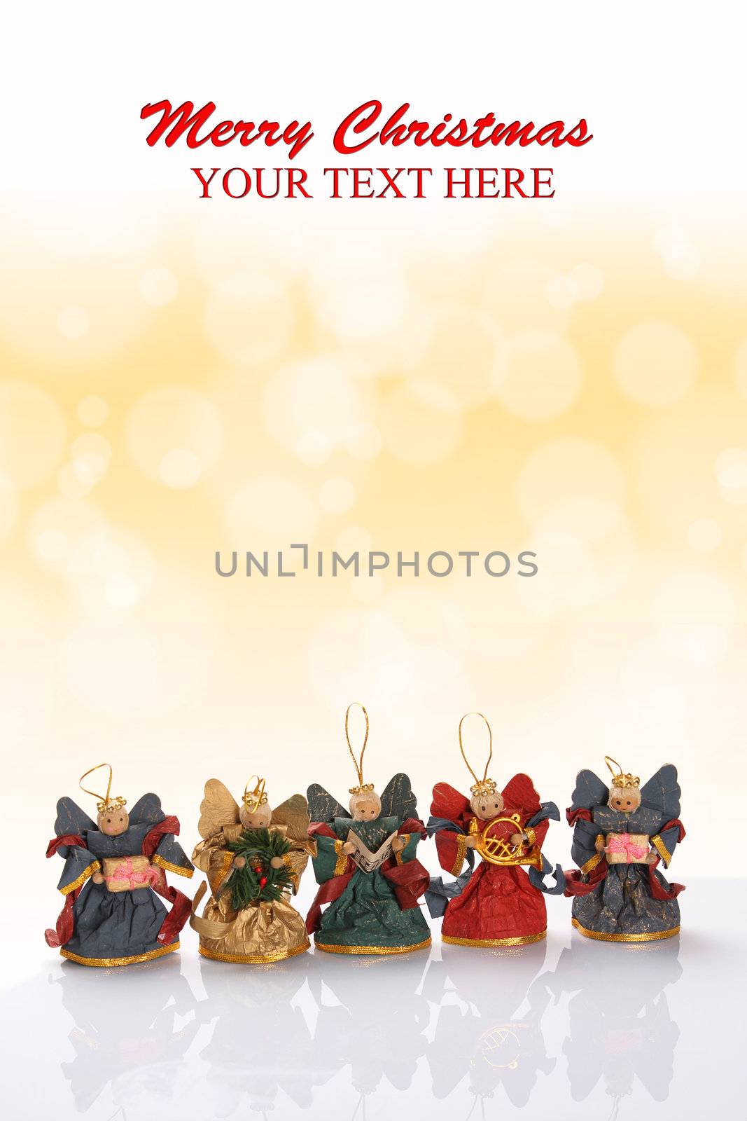 Merry christmas card with angels and golden bokeh effect.