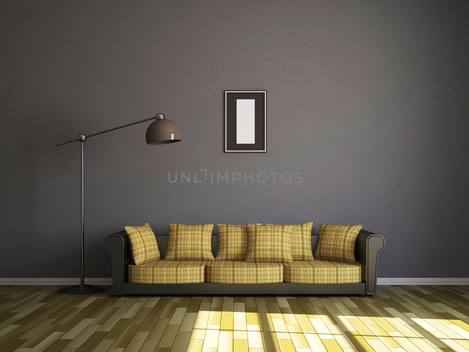Sofa and a lamp near the wall