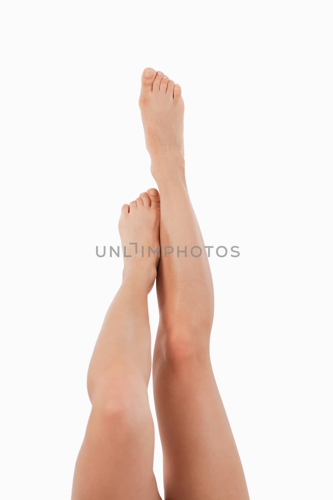 Portrait of the front of feminine legs going up against a white background